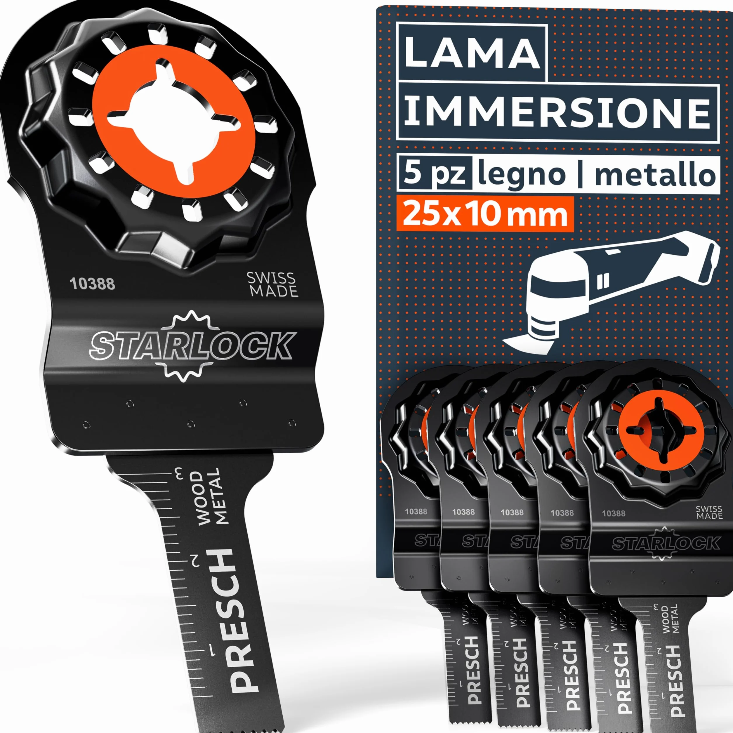Presch Lame Multifunzione Legno e Metallo 25x10mm 5 pz. - Lame Starlock per sostituzione senza attrezzi - Taglio preciso con denti bimetallici e forma sfalsata - Accessori multiutensile professionale