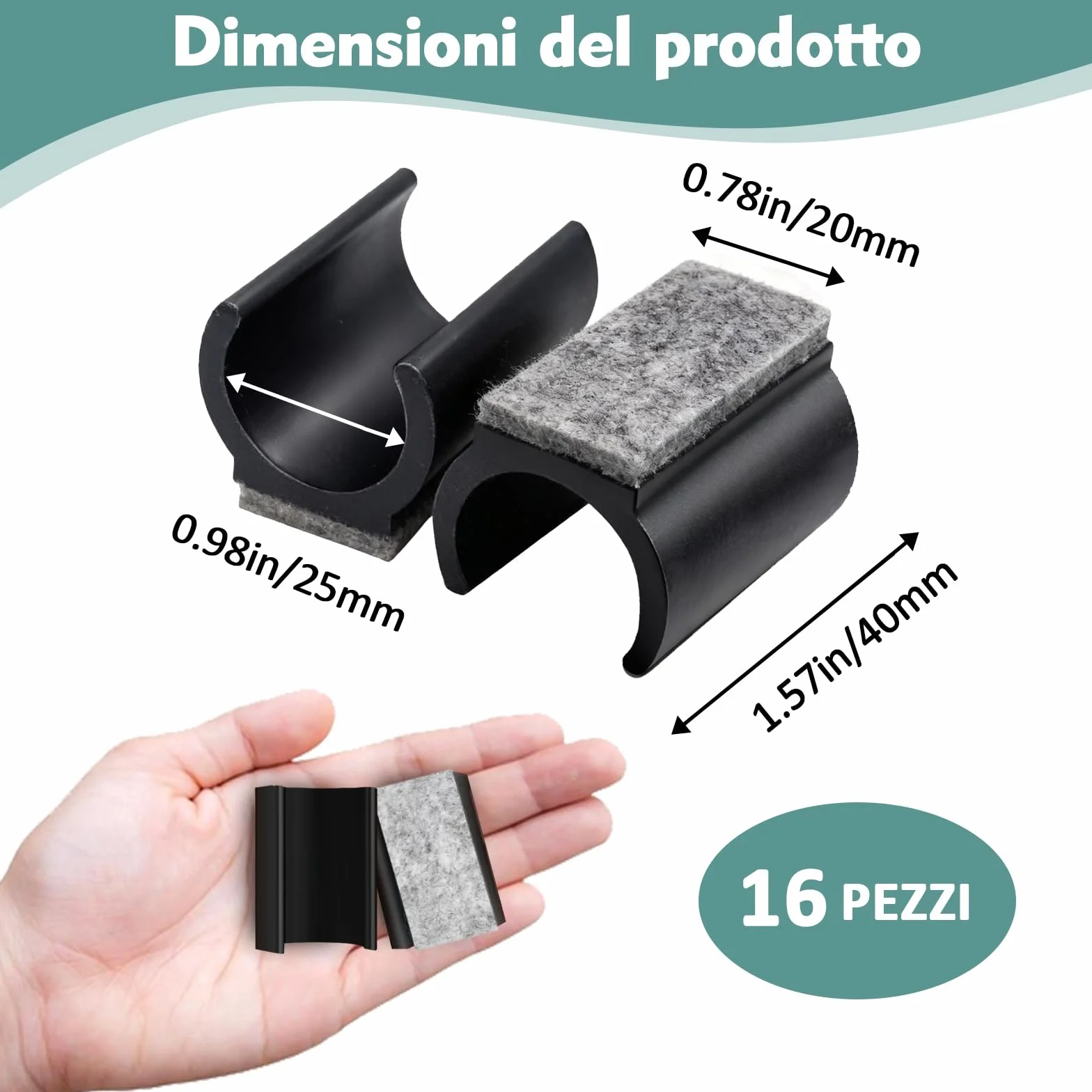 Feltrini per Sedie Girevoli 25mm Nero con Sistema a Pressione, Protezioni per Gambe di Sedia