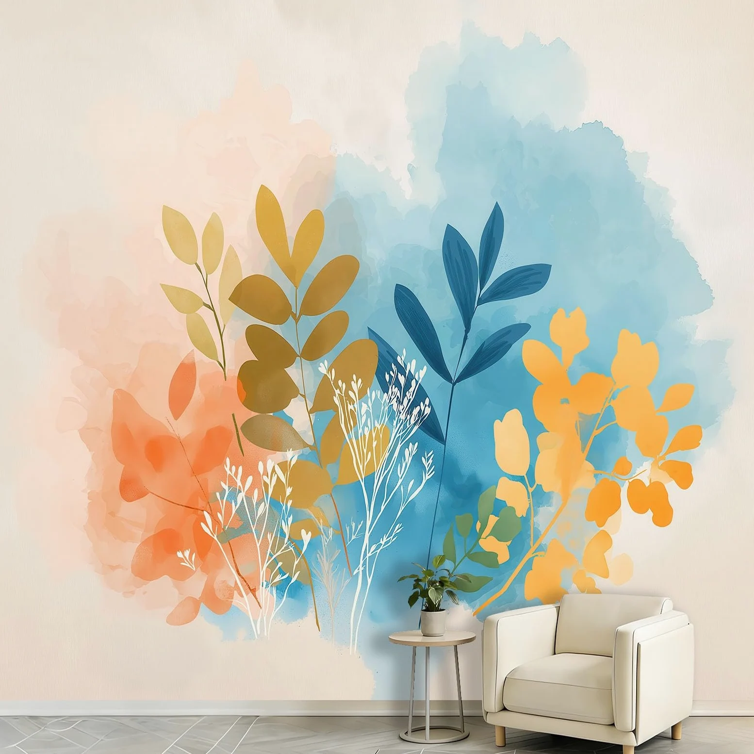 Carta da parati con foglie vegetazione, decorazione murale da parete, poster moderno, astratto, arte botanica, design fotografico per soggiorno e camera da letto, 400 x 280 cm (larghezza x altezza)