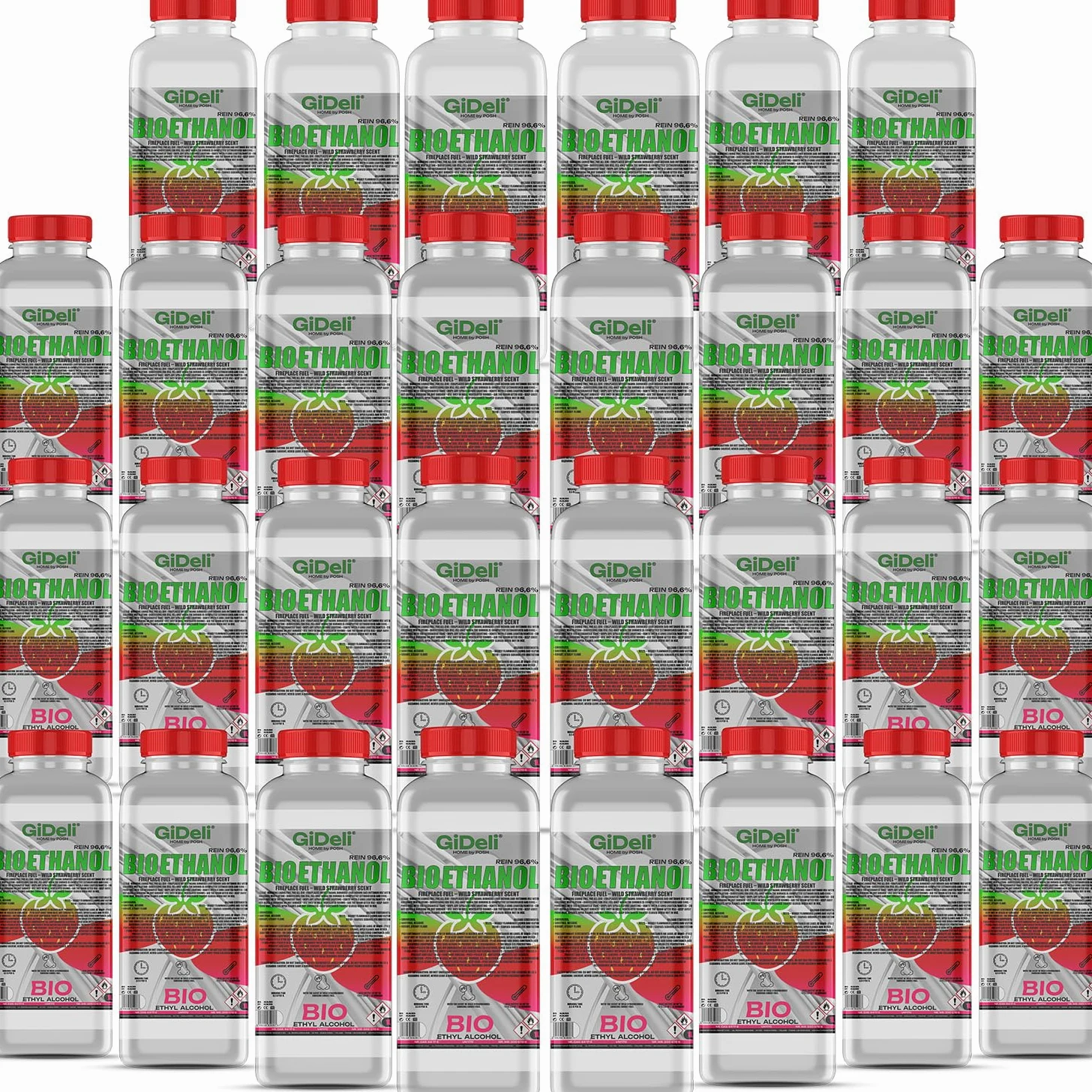 GiDeli Bioetanolo 30 x 1 l profumo di fragola forestale 96,6% etanolo per camini interni ed esterni, senza fumo e fuliggine – da mais e barbabietola da zucchero