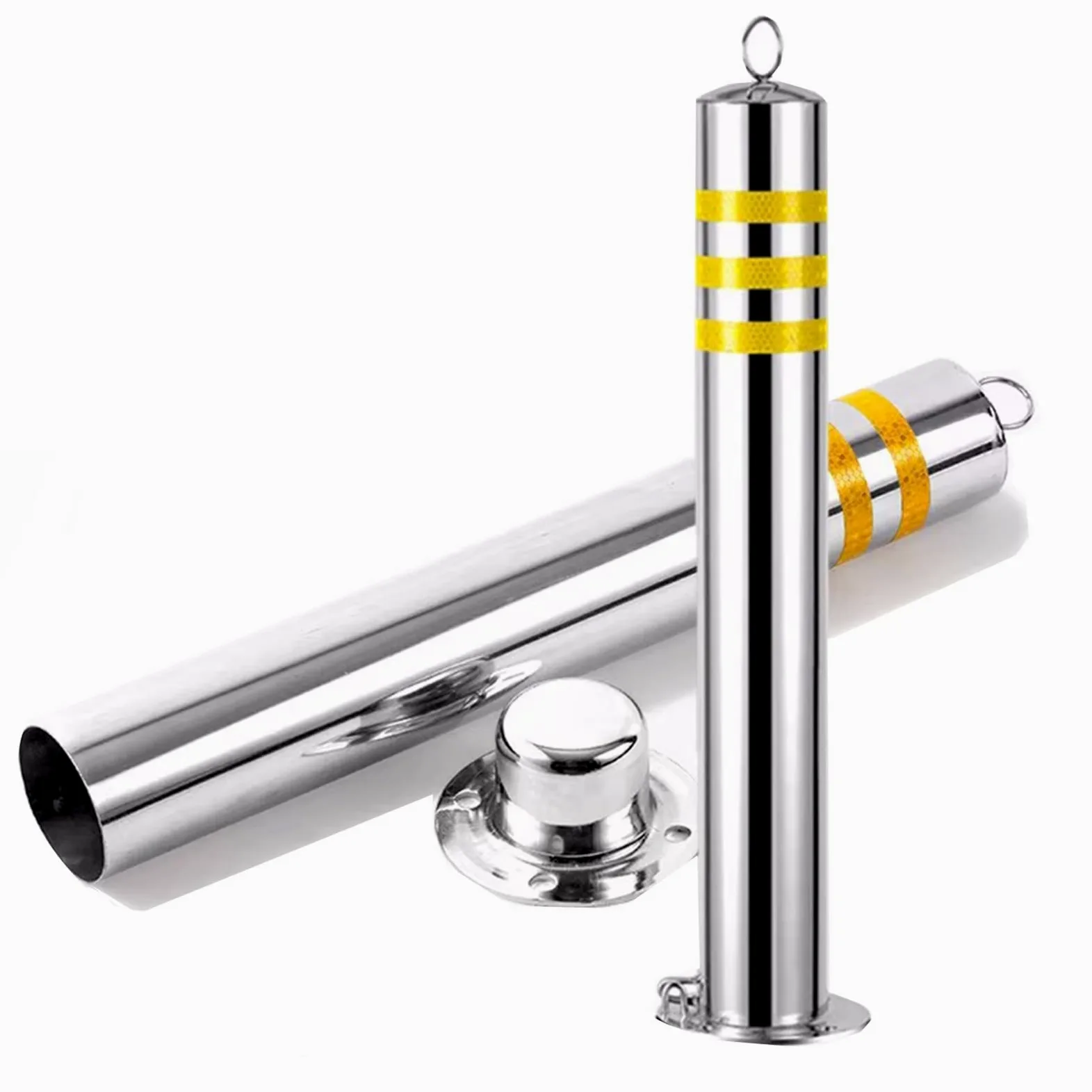 Blocco di parcheggio per impieghi gravosi, blocco per parcheggio auto, barriere solide per parcheggio con serratura e base, cono stradale in acciaio inossidabile con nastro riflettente, pali
