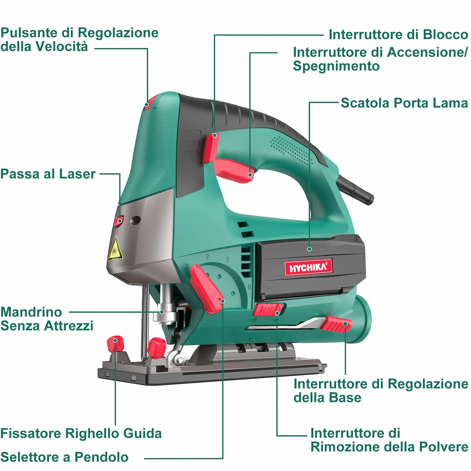 HYCHIKA Seghetto Alternativo 800W, Profondità di Taglio 110mm, 800-3000RPM, 6 Velocità variabile, Angolo di Inclinazione Regolabile da ±45 °, Adatto a Metallo e Legno