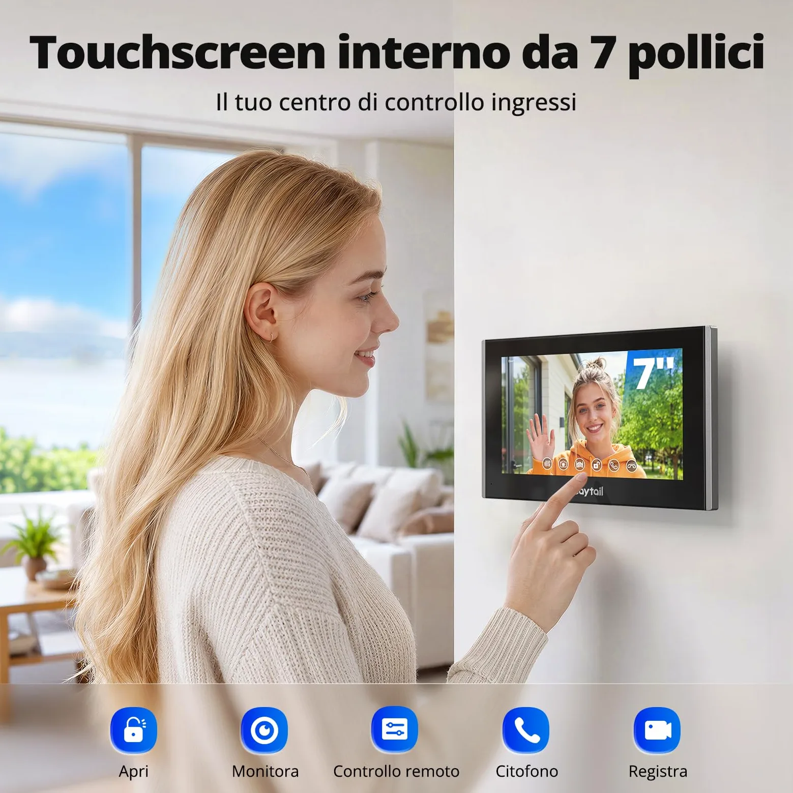 Kit Videocitofono 2 Fili WiFi6 Dual Band 2 Famiglie, Schermo Touch 7" IPS, Telecamera 1080P Visione Notturna, Audio Bidirezionale, Sblocco Remoto, RFID, Rilevamento Umano