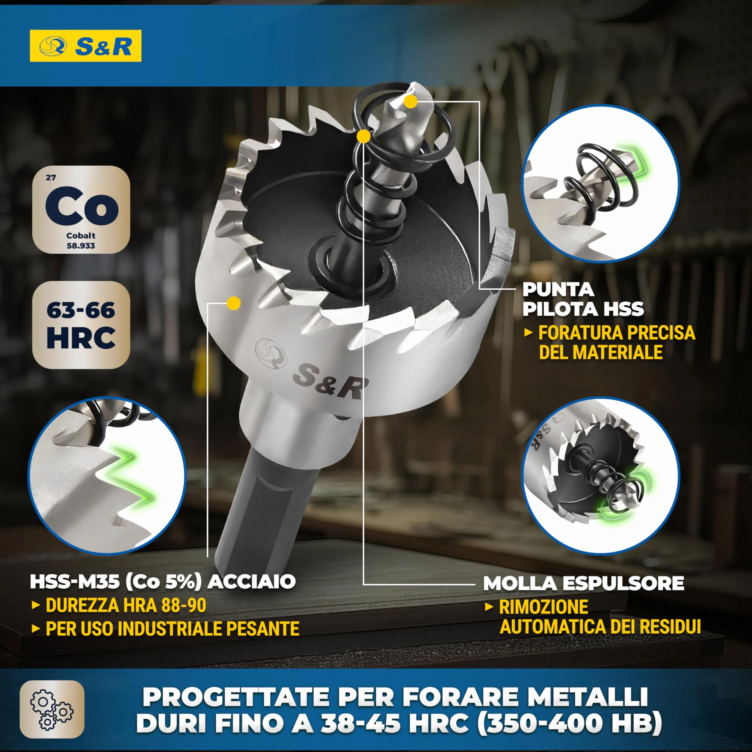 S&R Set 5 Seghe a Tazza Metallo HSS Cobalto 16-30mm Codolo Esagonale 9,5mm