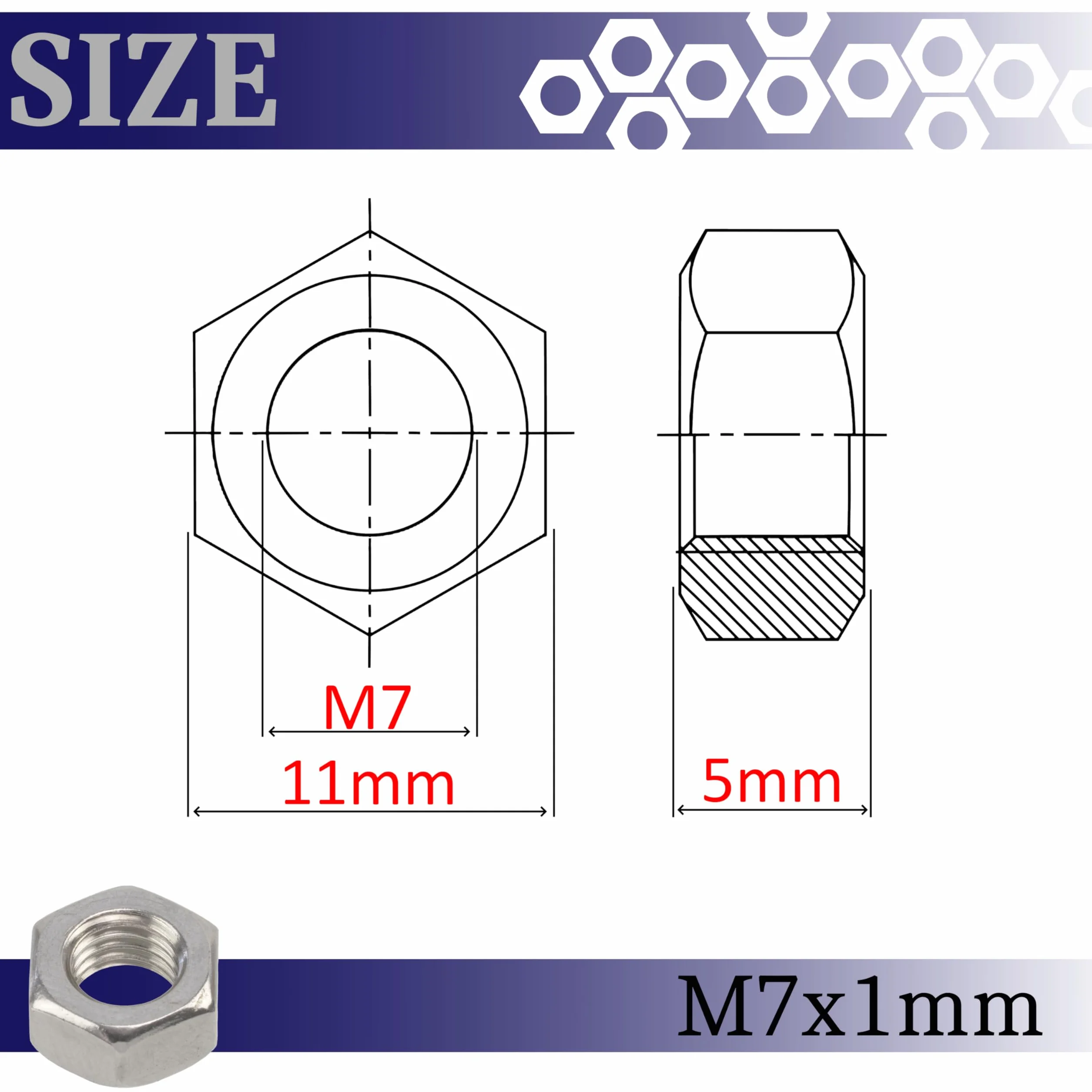 AERZETIX Set di 10 Dadi esagonali M7x1mm a 6 lati in acciaio inossidabile argento