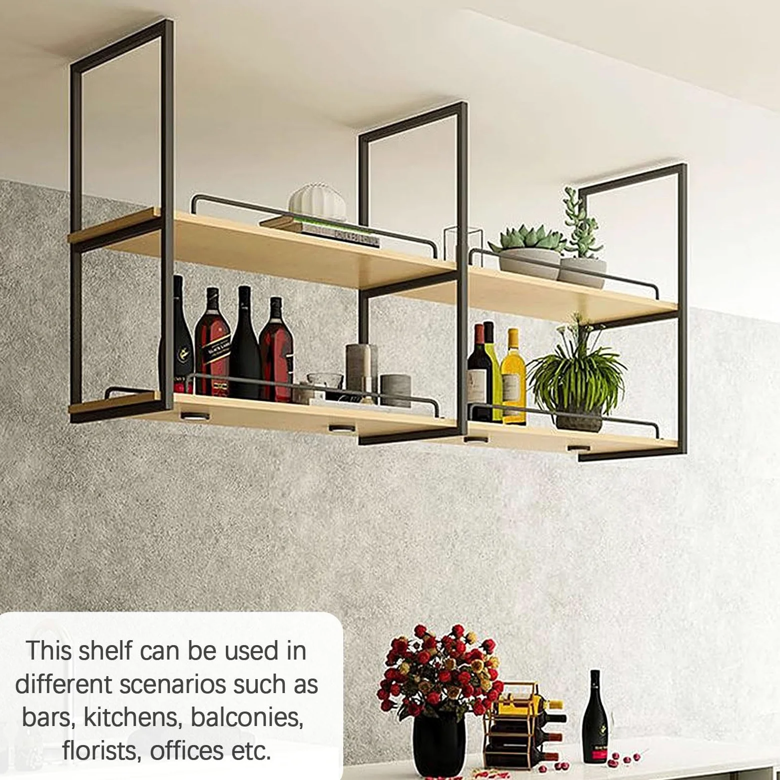 Mensole da appendere in ferro da parete, elegante espositore da soffitto per cucina, bar e piante, facile da installare, portaoggetti decorativo con guardrail - Supporto artistico salvaspazio