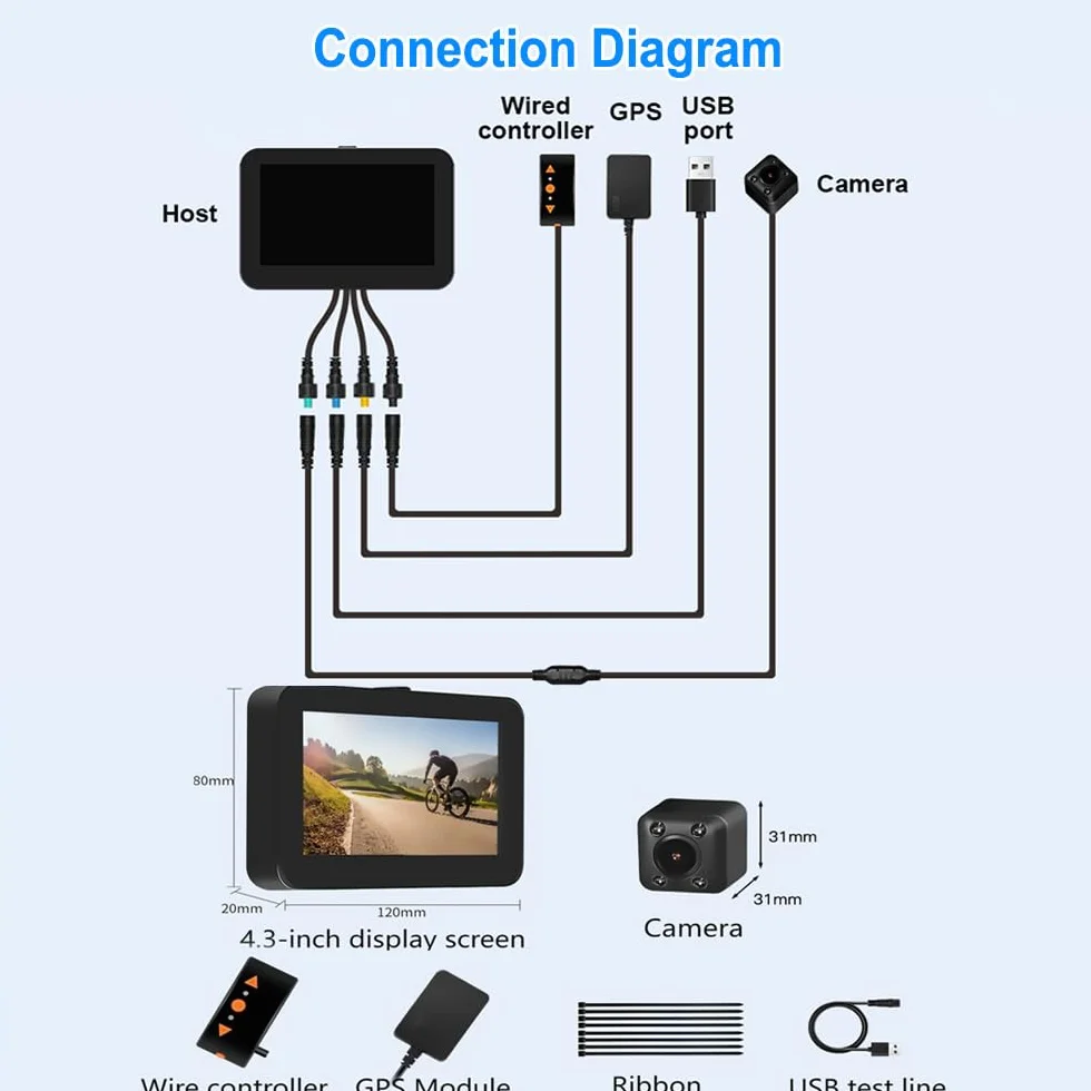 Telecamera posteriore per bicicletta VSYSTO, display HD impermeabile da 4,3 pollici con GPS, controller cablato, visione notturna a infrarossi, display di temperatura e calorie