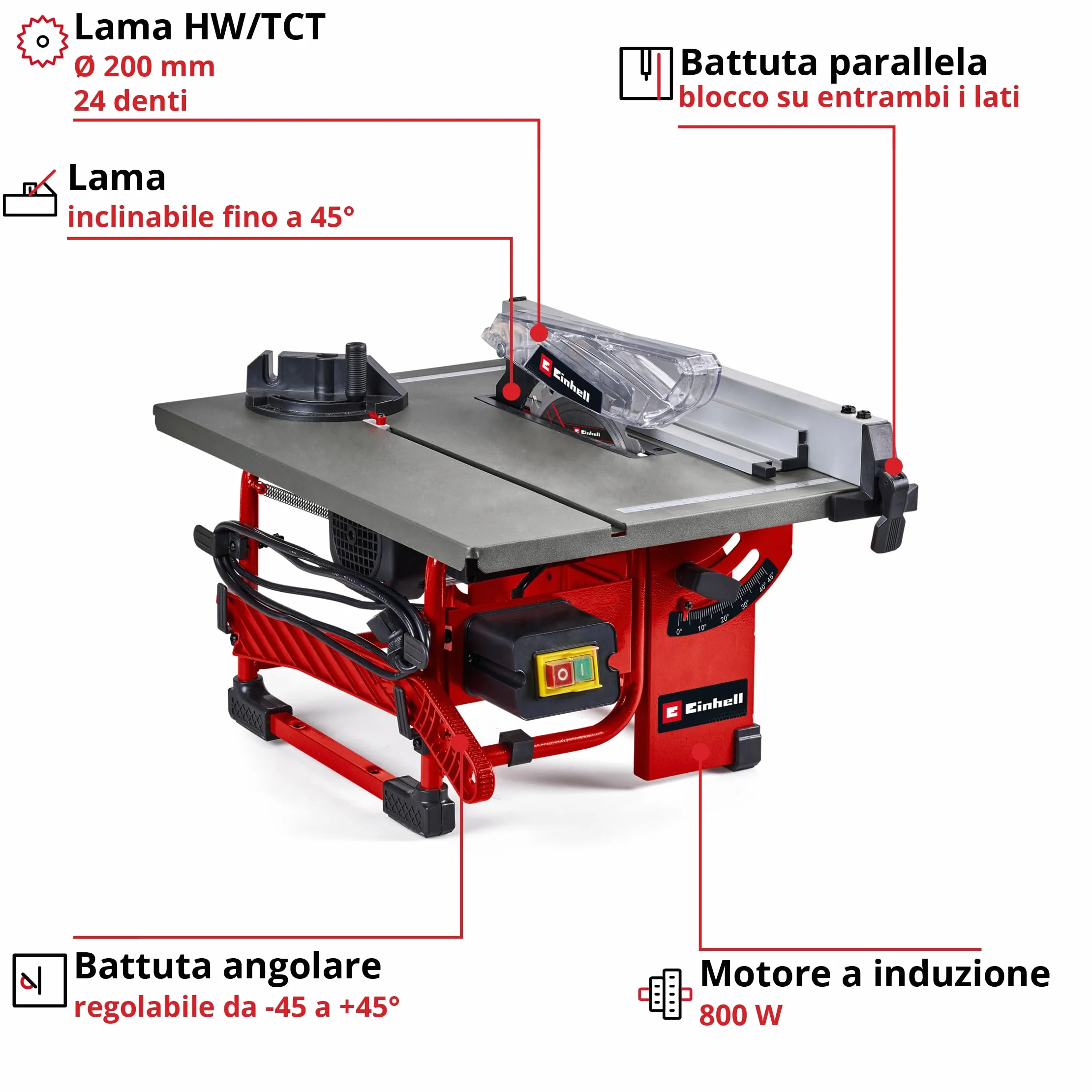 Sega circolare da banco Einhell TC-TS 8 I (800 Watt, altezza di taglio 45 mm, lama Ø 200 mm, guida angolare, battuta parallela, attacco di aspirazione, incl. lama HW/TCT)