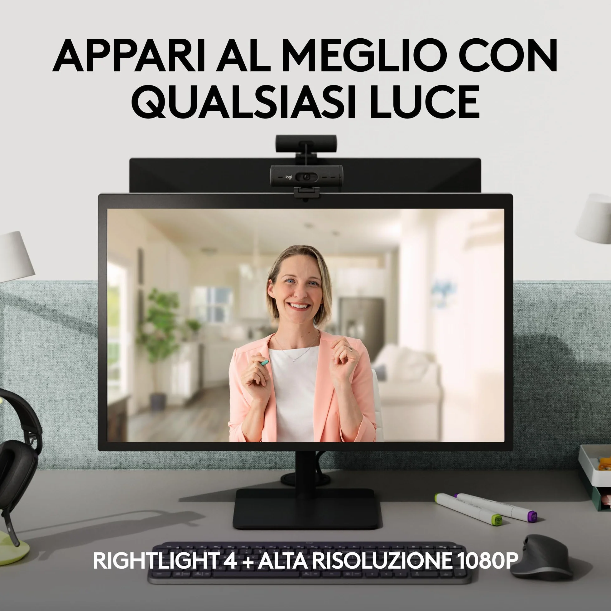 Logitech Brio 505 Webcam Full HD con correzione automatica dell’illuminazione, inquadratura, modalità Mostra, 2 microfoni con riduzione del rumore, Msft Teams, Google Meet, Zoom - Grigio