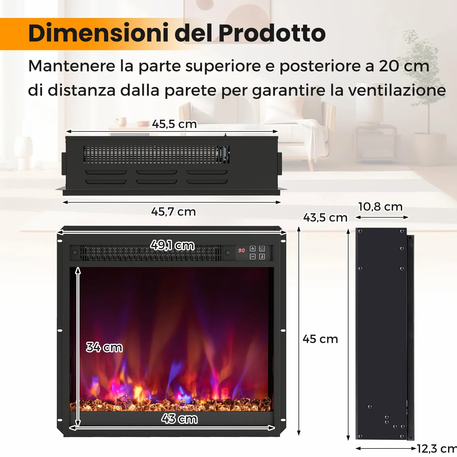 RELAX4LIFE 49/61/68,5 cm Camino Elettrico Incassato con Fiamma Multicolore e Letto di Braci, Telecomando, Timer, Termostato Integrato e Protezione da Surriscaldamento, 1500W (LUNGHEZZA:49CM)