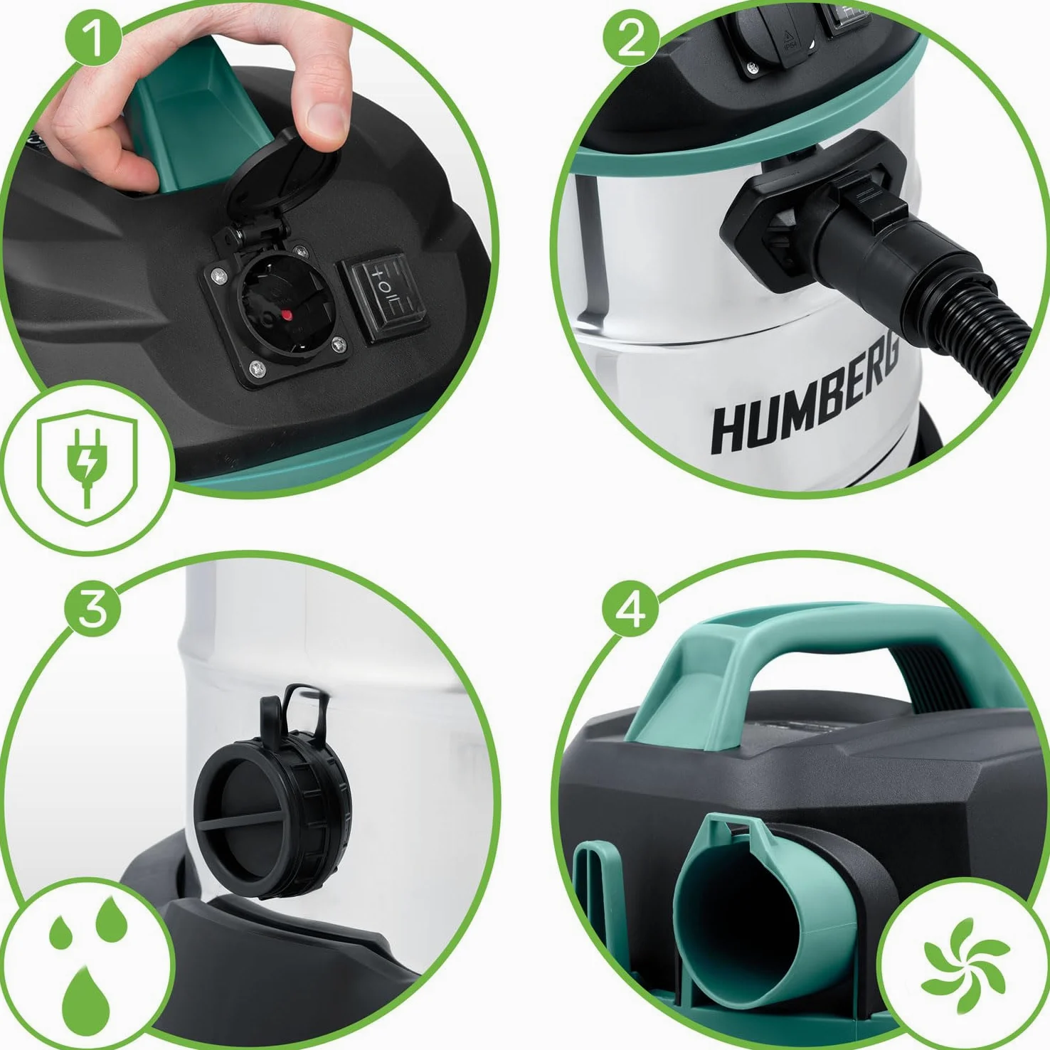Humberg HM-402 30L 1600W Aspirapolvere industriale Wet Dry Aspirapolvere per cenere e macerie Presa senza sacco per utensili elettrici aggiuntivi