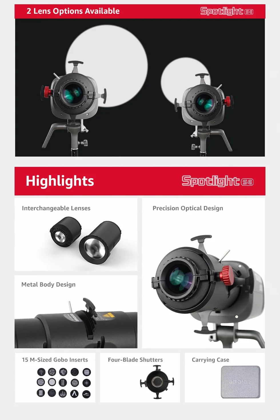 Amaran Spotlight SE Kit di proiezione di precisione a 36° per Amaran 300c, 150c, 200X S, LS 300x, compatibile con Bowens Mount Light fino a 300 W