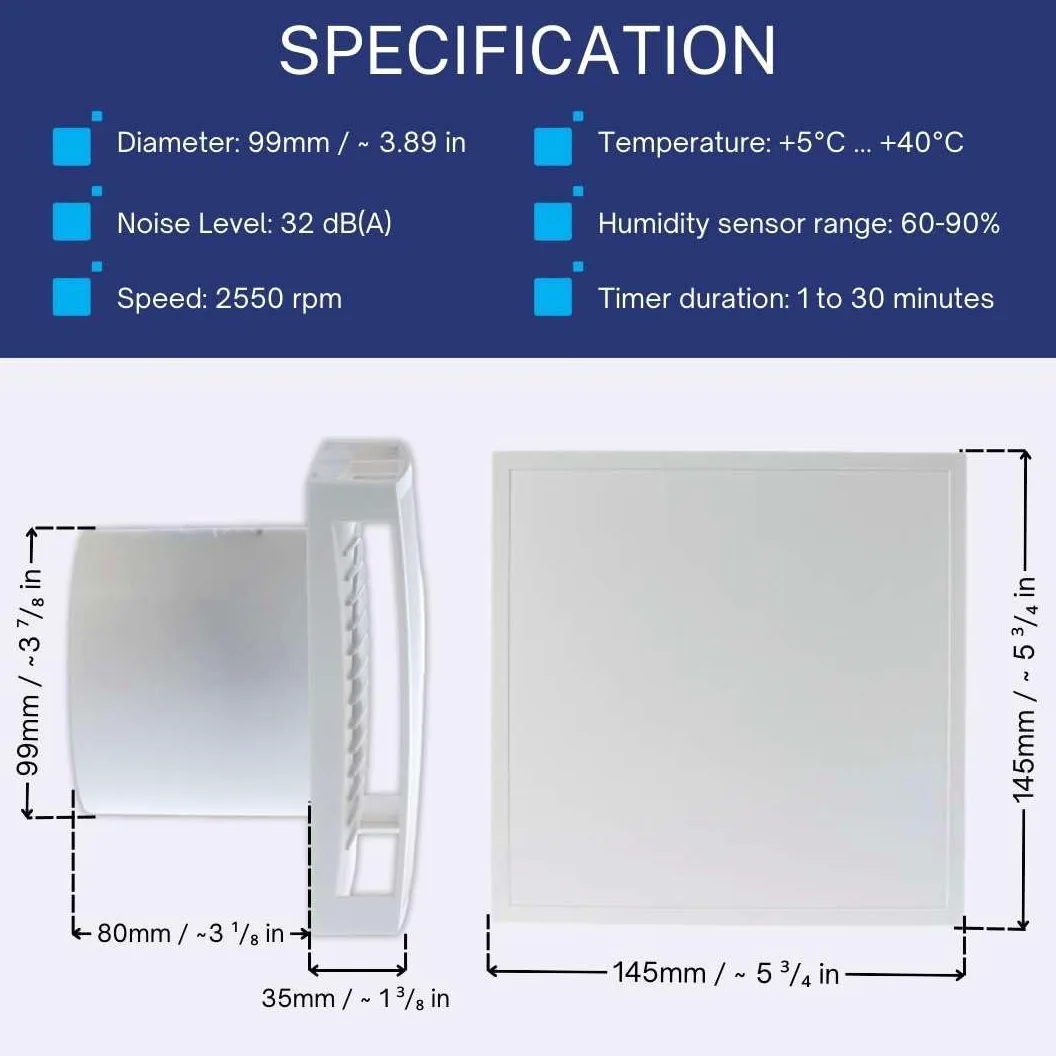 EUROPLAST Ø 100mm Aspiratore Bagno con Timer e Sensore di Umidità - Ventola Aspirazione Bianca - Estrattore Aria - Ventilatore da Parete per Cucina, Garage, WC