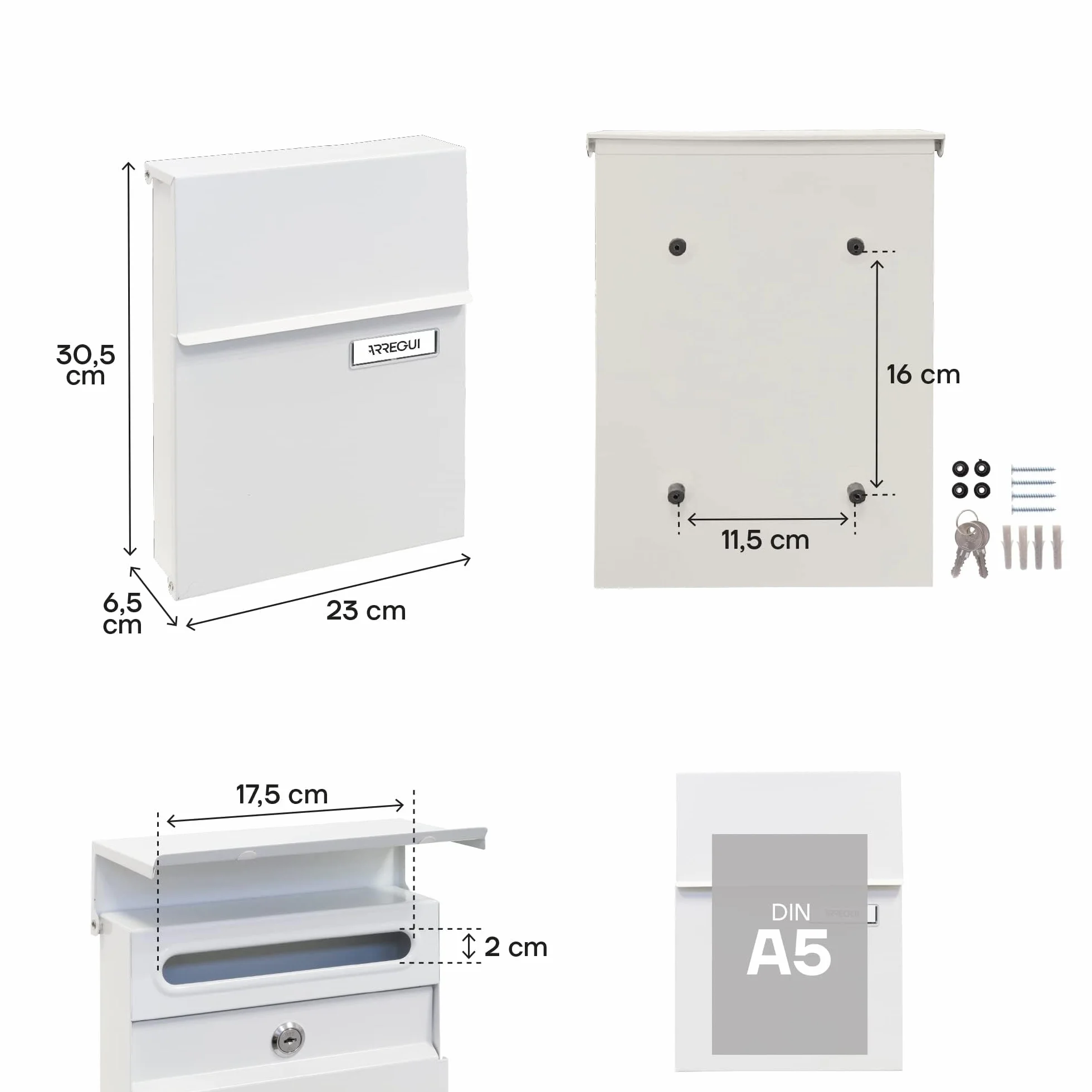 ARREGUI Line E6801 Cassetta Postale Individuale Acciaio, Parete, Serratura, Dimensione S DIN A5, Bianco