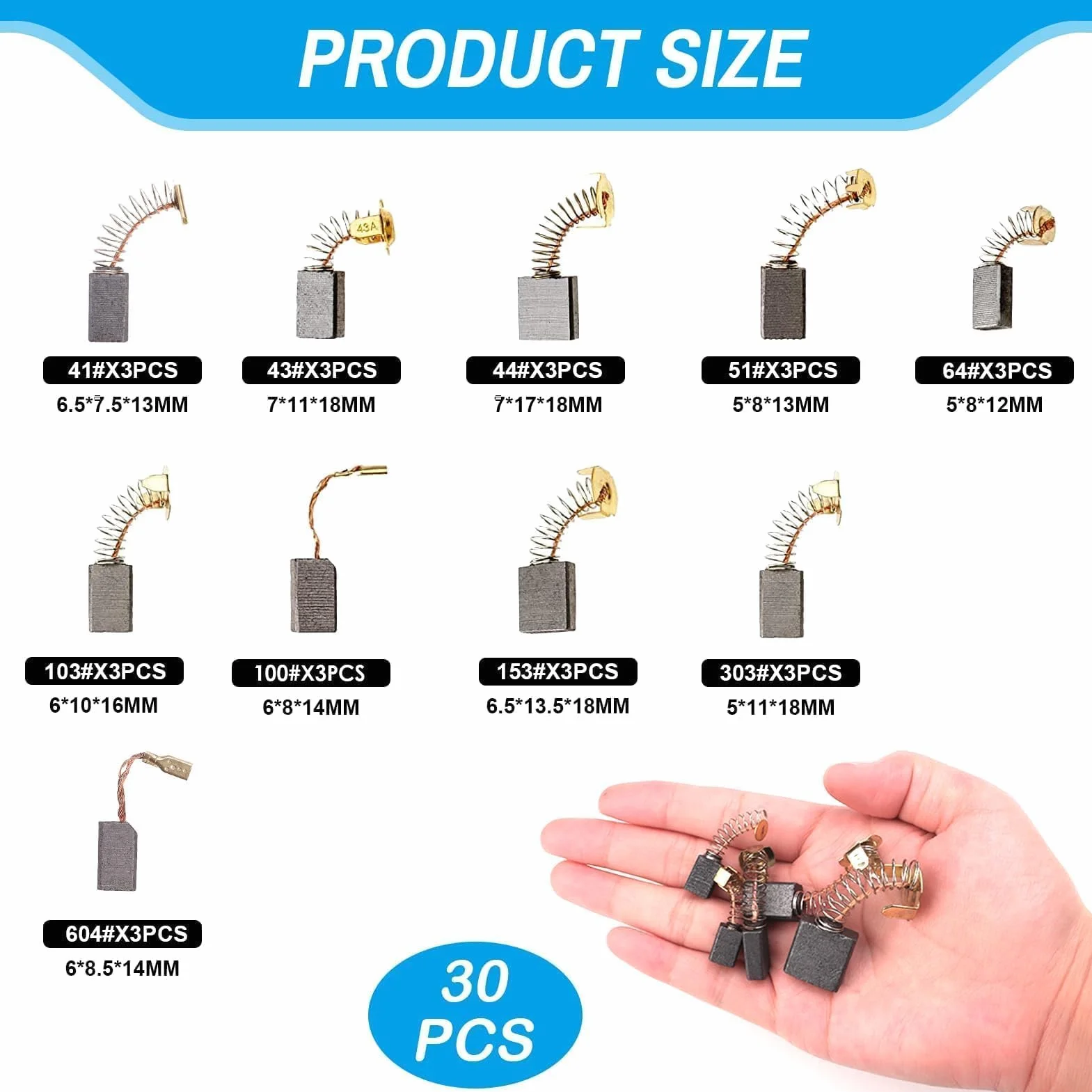 Spazzole di Carbone 30PCS Confezione 10 Misure per Utensili Elettrici Motore Elettrico