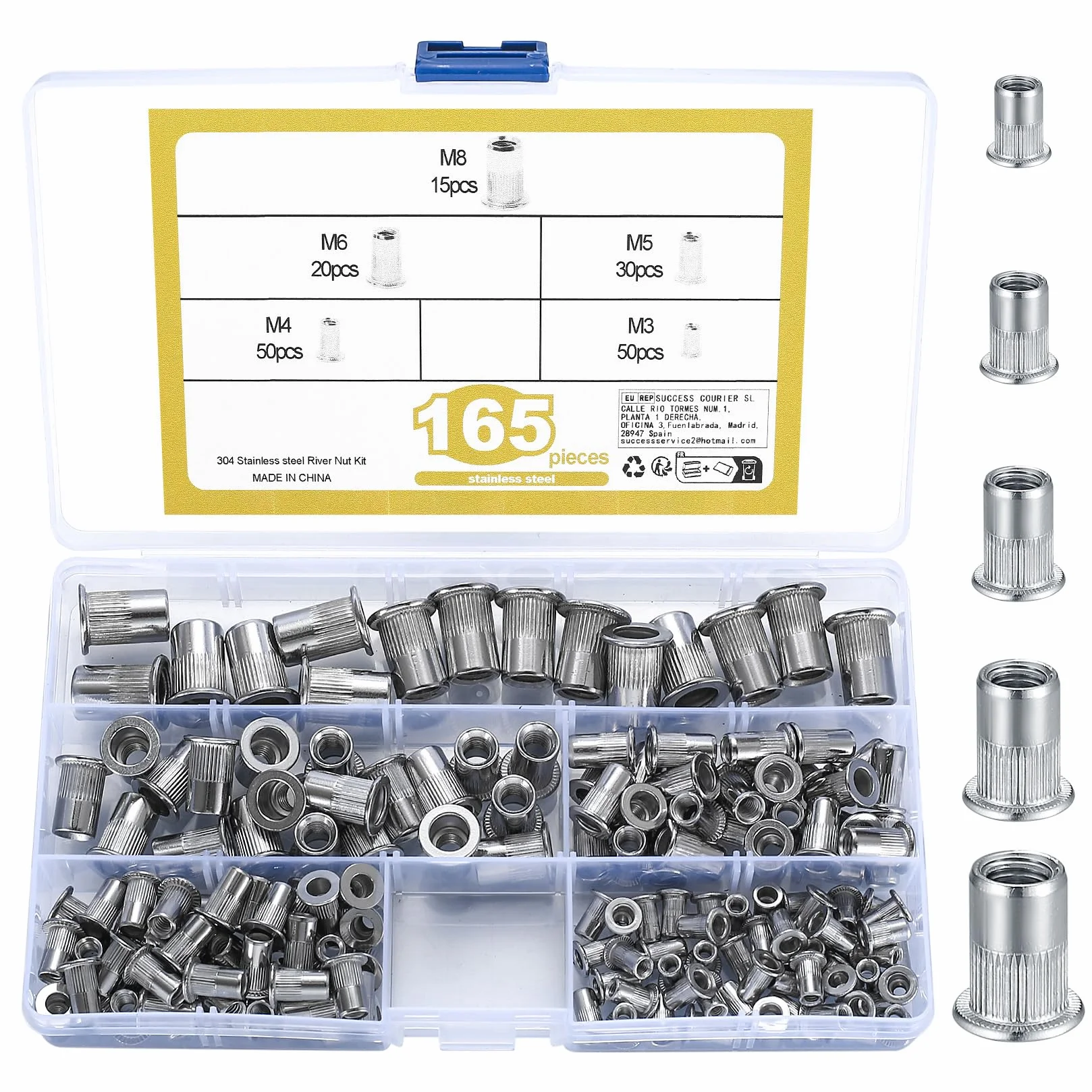 Zestaw 165 Pz Rivetti Filettati M3-M8 Nutsert Dado Rivetto Testa Piatta per Metallo