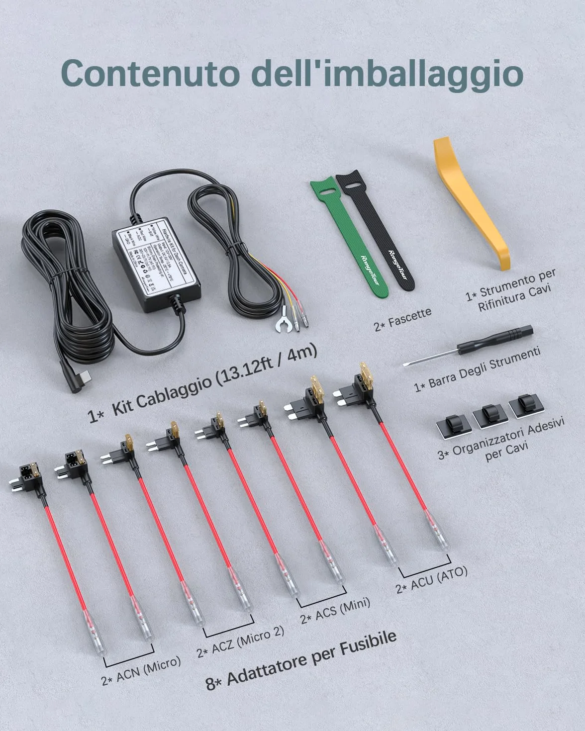 Kit Cablaggio USB-C, Dash Cam Hardwire Kit con 4 Tipi/8 Fusibili Adattatori, Cavo Tap e Strumento di Installazione 4m/13.12ft 12V/24V a 5V/2.5A Auto Cavo di Ricarica Kit