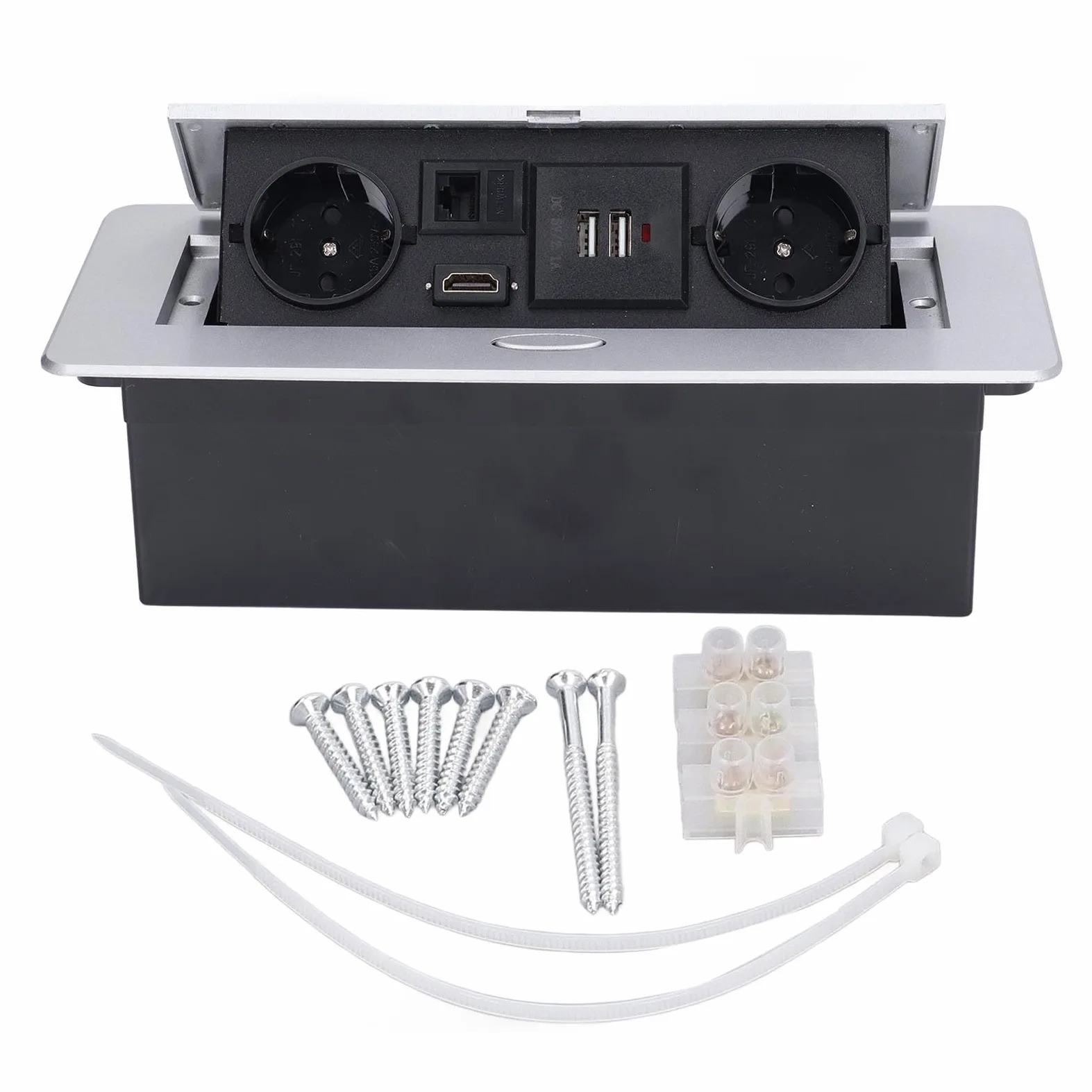 Presa Multipla Nascosta da Tavolo con Doppia USB 16A per Ufficio Domestico Resistente Acciaio Inossidabile Argento
