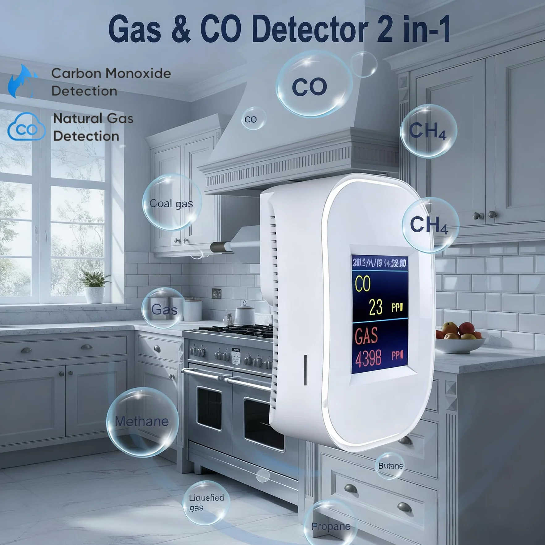 Rilevatore di Gas e Monossido di Carbonio Wifi con Spina, Monitoraggio App, Certificazione EN50291 e EN50194, Allarme di CO, Rivelatore di Gas Combustibile per Gas Naturale LPG Metano Propano Butano