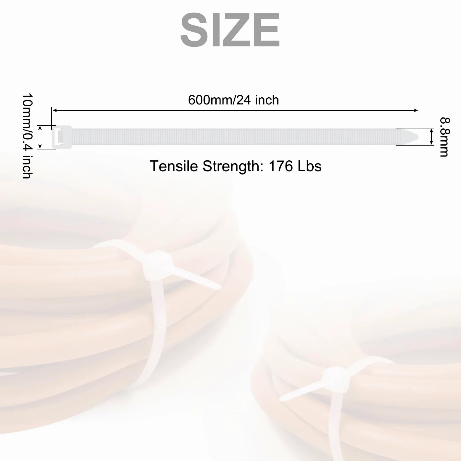 QUARKZMAN 100 Pezzi di Fascette Stringicavo in Nylon Extra Lunghezza 600 Mm/24" 176 Lbs 10mm Auto-bloccatonti per Gestione Cavi, Colore Bianco