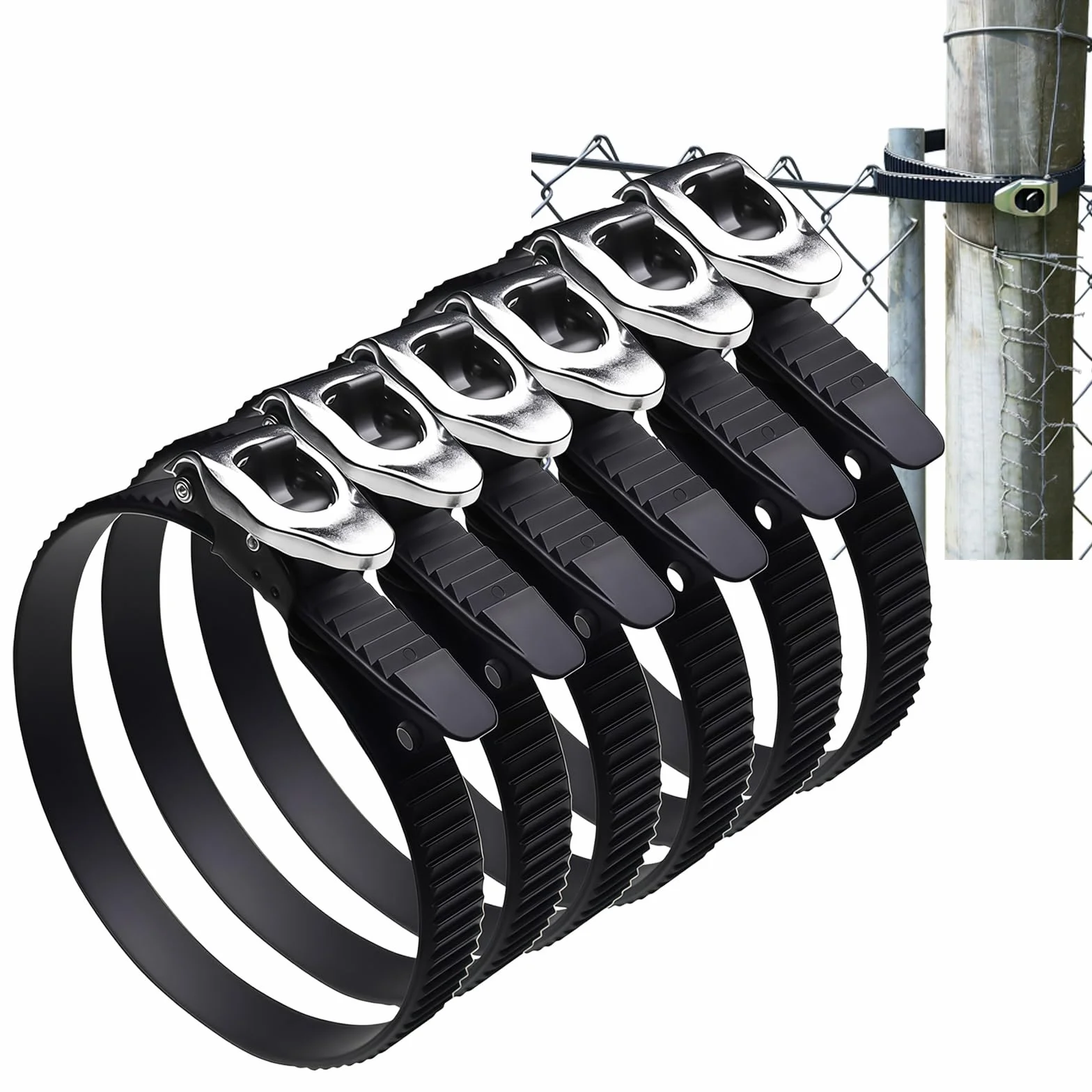 Heavy-Duty Ratchet Zip Ties, 20 Inch Reusable Stainless Steel Buckle Tie-Down Straps, Adjustable Connectable for Fencing Poles Pipes Roof Racks (6pc)