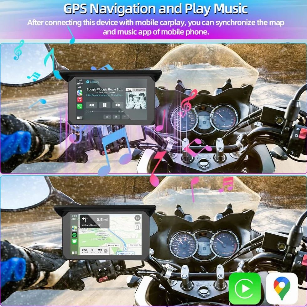 VSYSTO Schermo Carplay per moto, Carplay wireless e Android Auto, touchscreen da 5 pollici, display con indicazione della temperatura e della tensione della batteria,navigazione GPS, assistente vocale