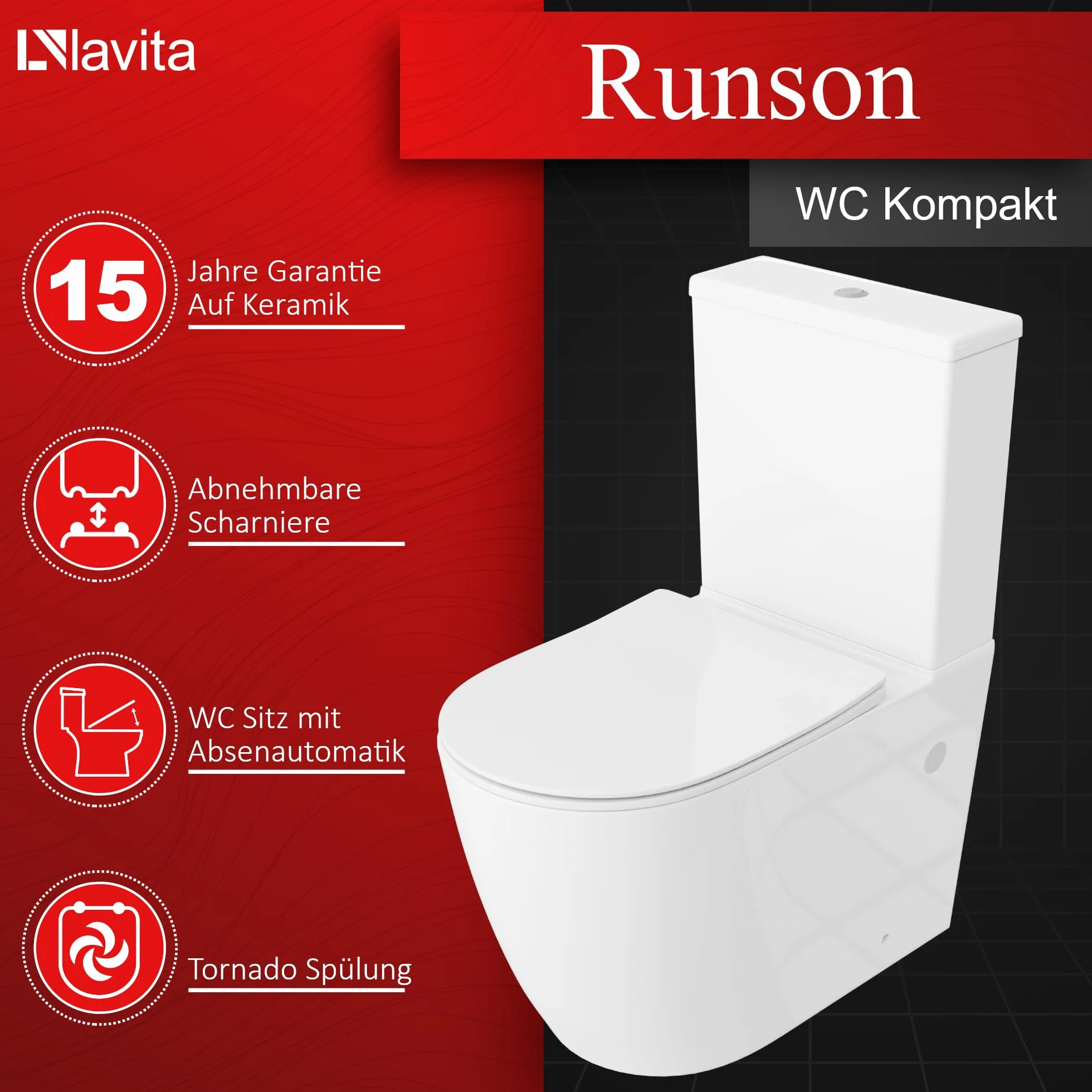 LAVITA WC monoblocco con cassetta di scarico integrata RUNSON WHITE ceramica senza brida chiusura ammortizzata TORNADO