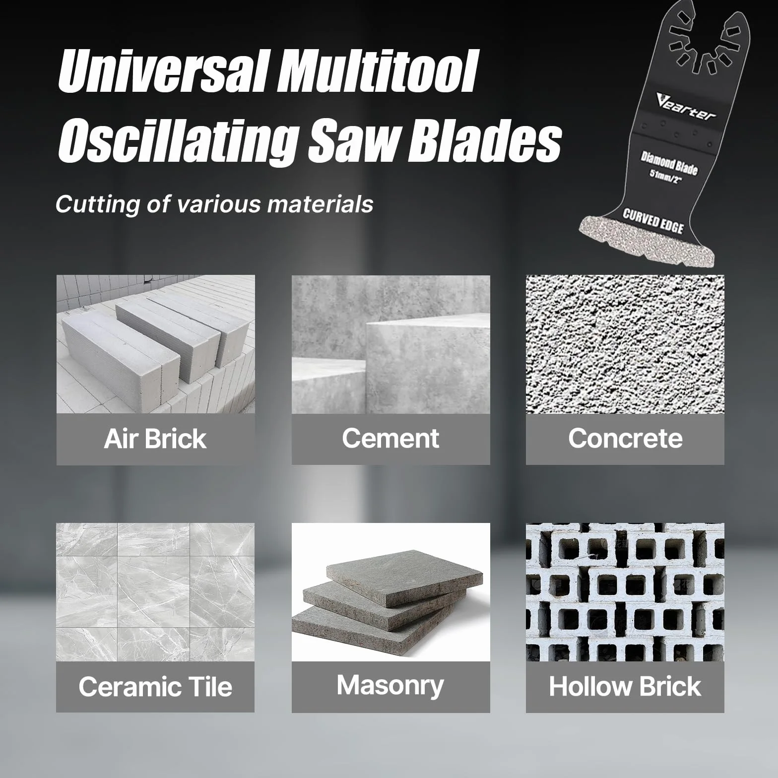 Lame per sega multiutensile Vearter da 5 pezzi, denti per utensili oscillanti diamantati, bordo curvo, accessori per utensili multifunzionali per piastrelle, malta, calcestruzzo, muratura