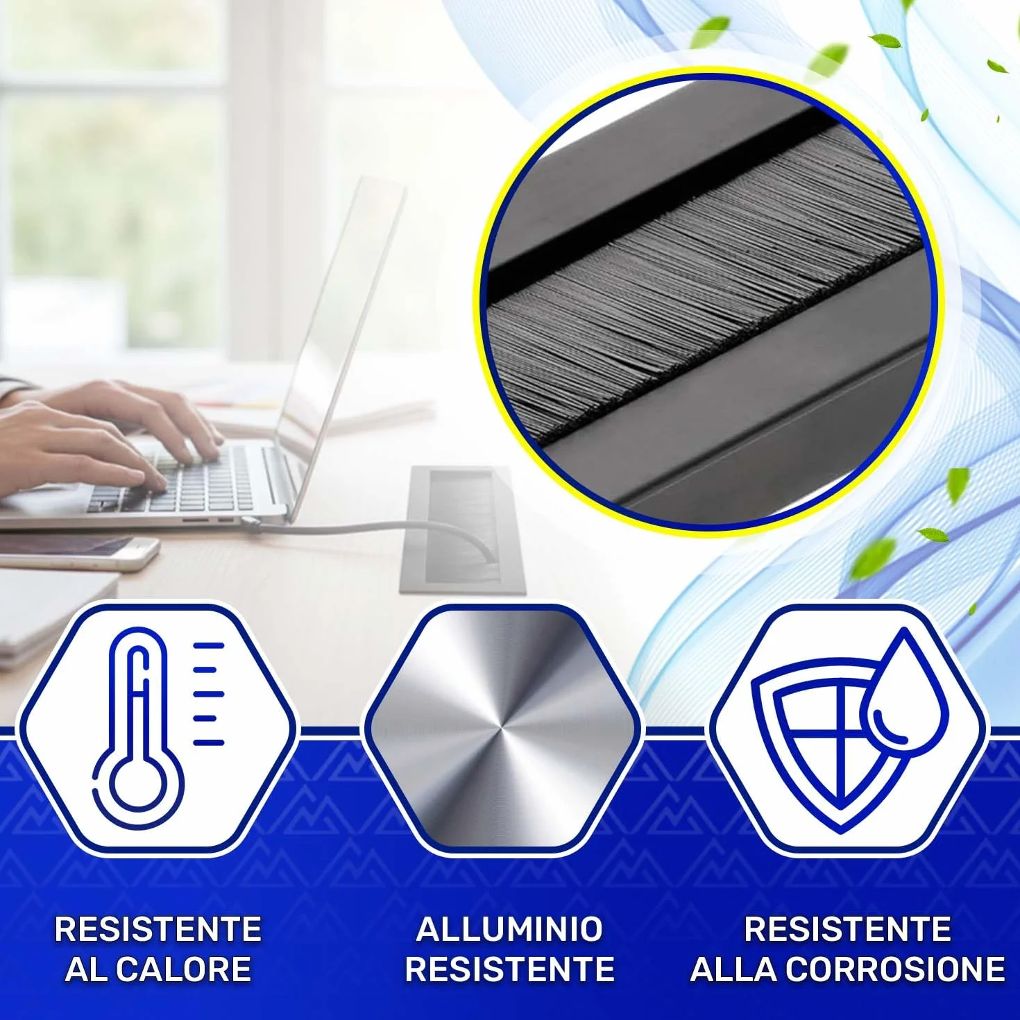 MONTERAL 2 Pezzi Passacavo per Scrivania 180 x 51 mm H19 mm Colore Nero - Tappi Passacavi Scrivania con Spazzola - Garanzia di 10 Anni