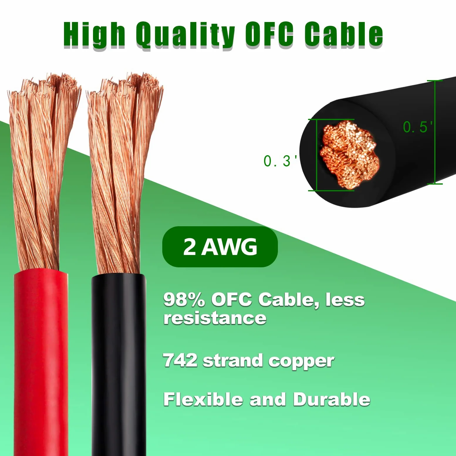 Cavo di rame per batteria, 1,5 m rosso+1,5 m nero, 2 AWG, cavo standard USA OFC per automobili, batterie, solari, marine e generatori