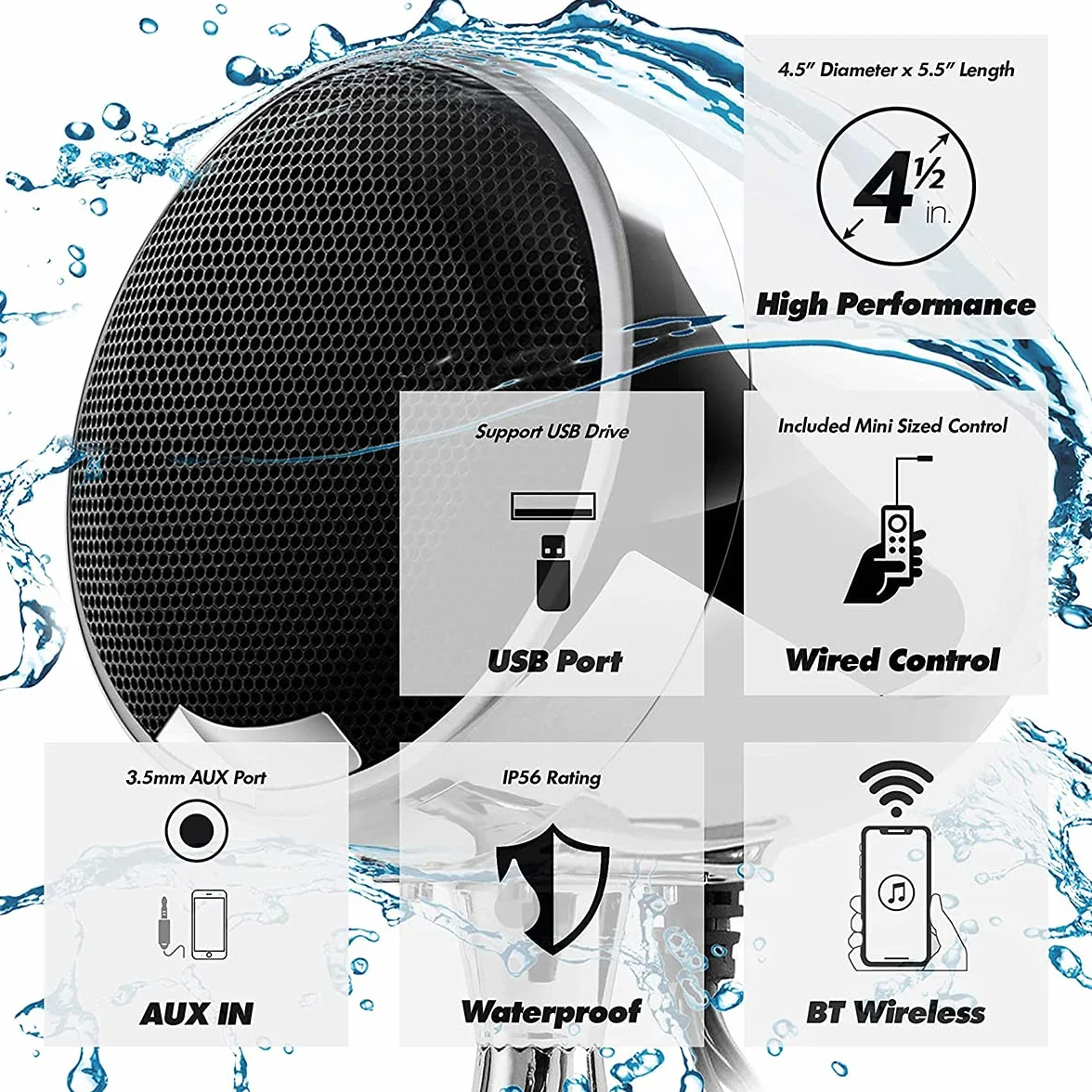 600W Amplificatore integrato 4.5" Bluetooth impermeabile Altoparlanti stereo per moto Sistema radio audio per moto con USB AUX MP3, adatto per l'installazione sul manubrio da 1 a 1.25" (Chrome)