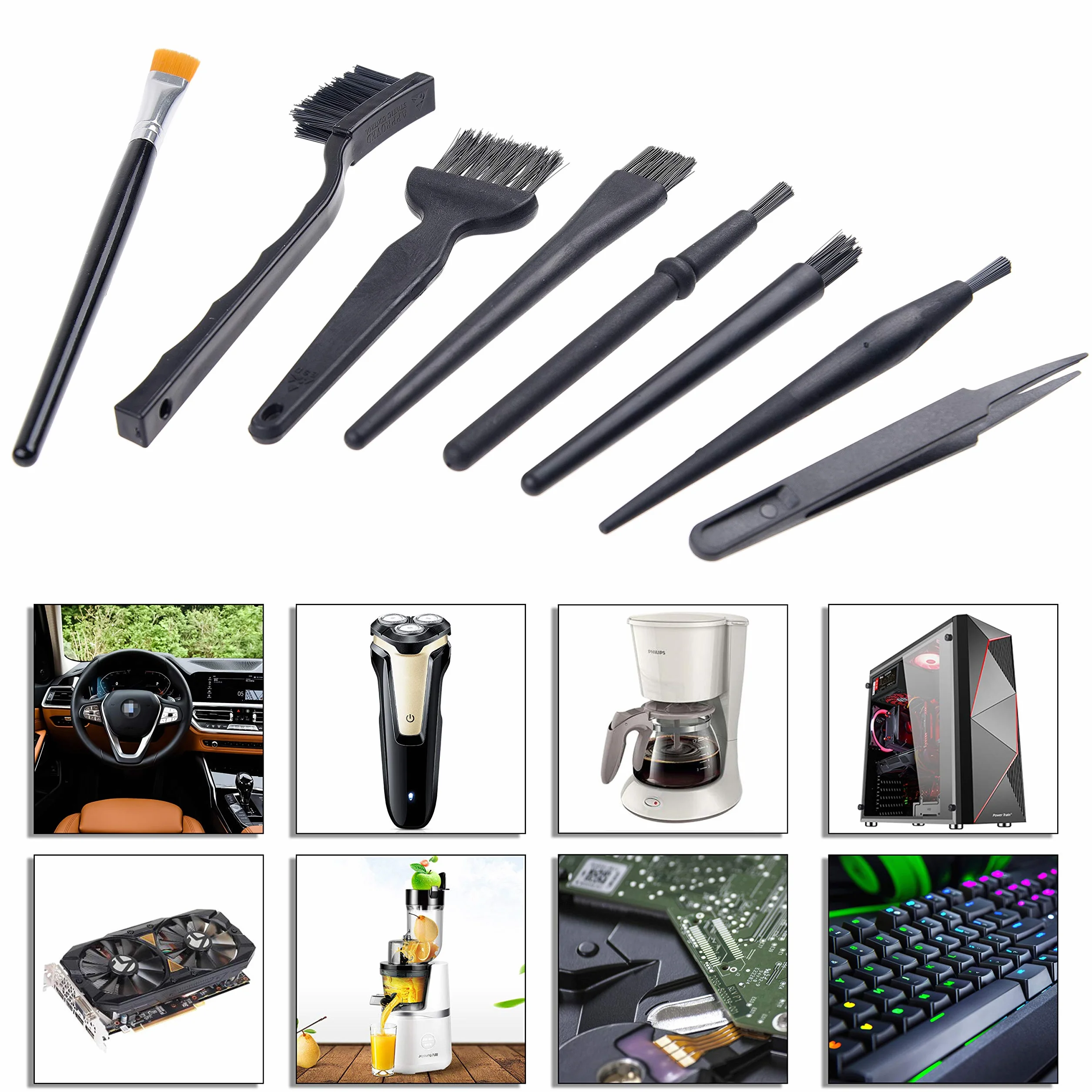 Camkix Spazzole Multiuso (Nero) – CONFEZIONE DA 9-7x Spazzole –Multi Taglia, 1x Paio di Pinzette Antistatiche, 1x Panno di Pulizia – Piccole Fessure - Computer, Tastiere, PCB, Bocchette, Interno Auto