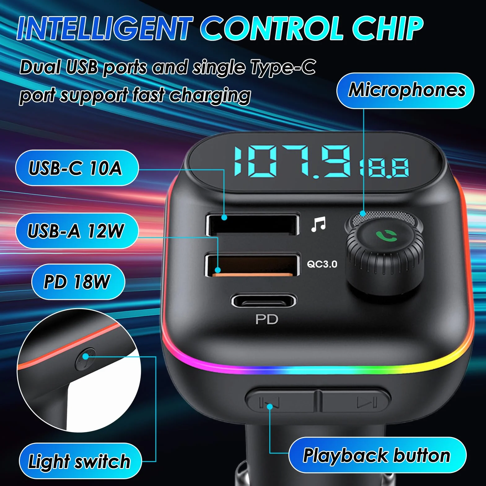 Trasmettitore FM Bluetooth Auto 5.0, Adattatore Bluetooth Audio QC3.0 Ricarica Rapida 2USB y 1PD 18W per Chiamate Vivavoce e Musica, Accendisigari con LED Display, Supporta USB e TF