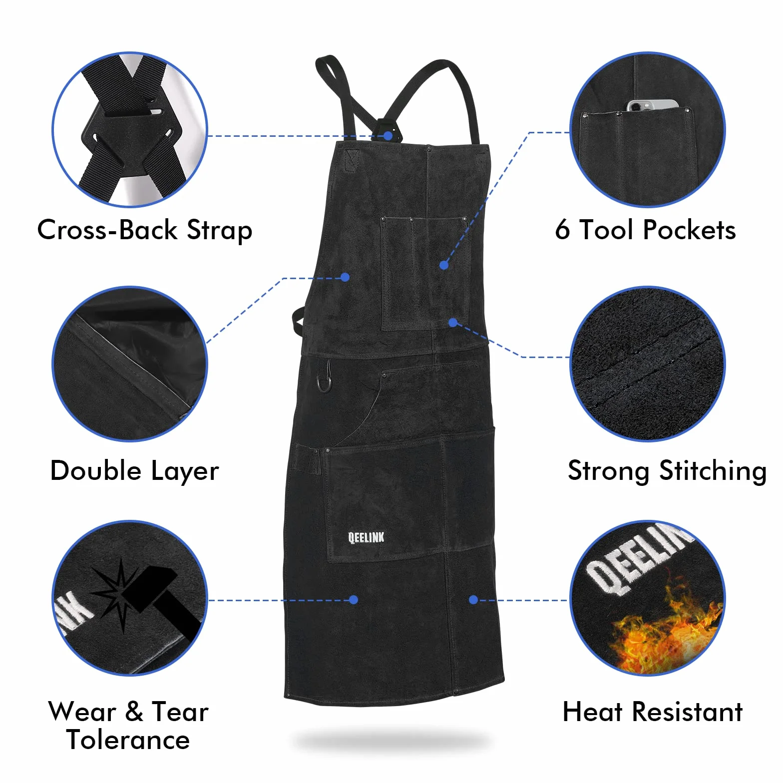 QeeLink Grembiule Saldatore in Pelle con 6 Tasche, Grembiule da Lavoro Resistente al Calore e Alle Fiamme, Regolabile da M a XXXL