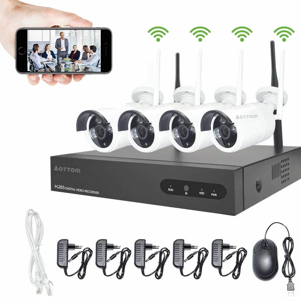 Aottom Bullet Camera Videosorveglianza WiFi 8CH Videosorveglianza WiFi Telecamere di Sorveglianza- 8ch 2MP NVR Kit + 4pcs 1080P Camera, Visione Notturna, Motion Detection, Allarme E-mail, P2P, No HDD