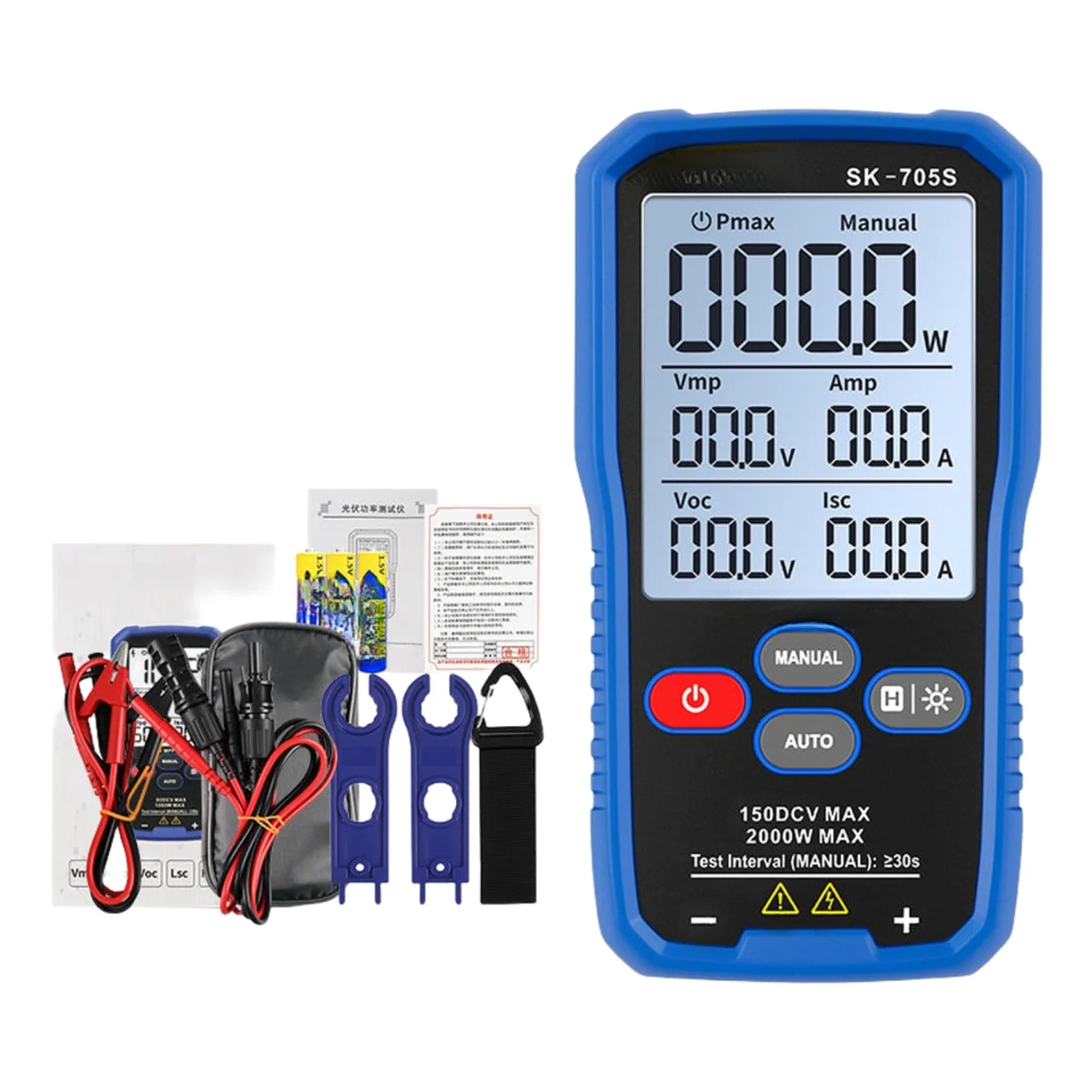 SK-705S, tester di potenza fotovoltaica con tecnologia MPPT per pannello solare, capacità massima 2000W, display LCD da 3,2 pollici, gamma automatica/manuale, design portatile (SK-705)