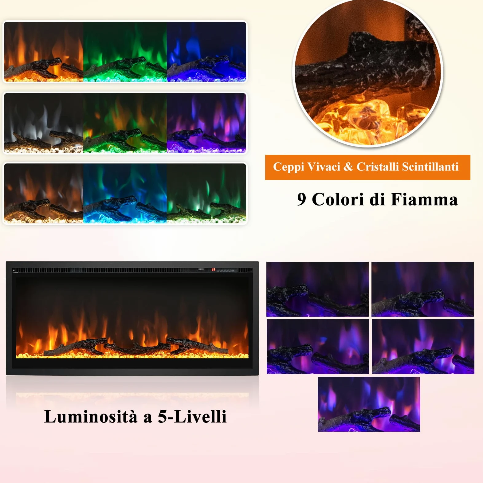 RELAX4LIFE Camino Elettrico e Termocamino Elettrico 750W/1500W, Temperatura 18-28ºC e Timer 1-8 ore con Telecomando, Fiamma Realistica in 9 Colori e 5 Luminosità, 91,5 x 14 x 45 cm