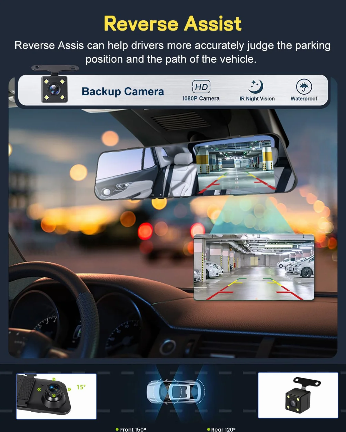 NHOPEEW 1080P Dash Cam con specchio e schermo da 4,5 pollici - Telecamere anteriori e posteriori Supporta registrazione in loop Controllo dell'esposizione della linea di retromarcia Visione notturna