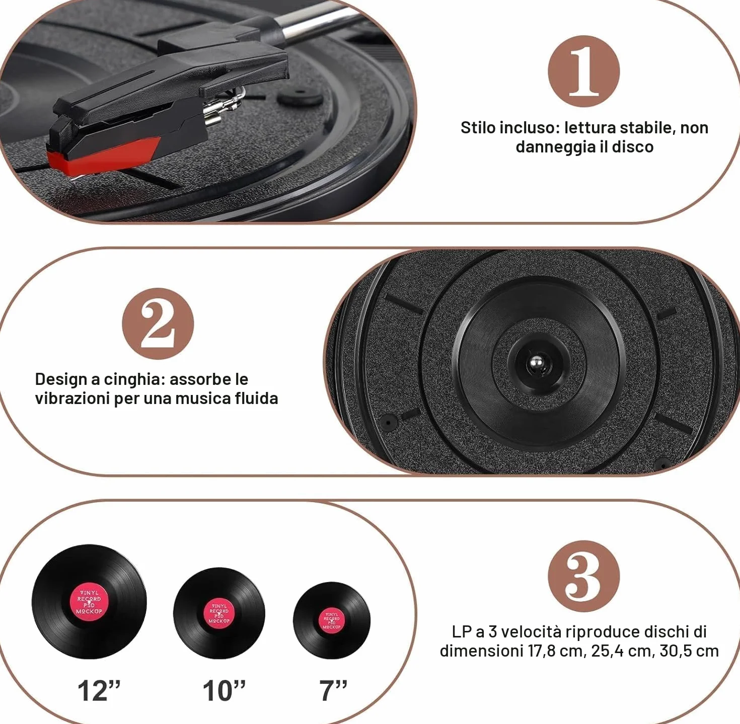 Giradischi in vinile Bluetooth con altoparlanti integrati Supporto Uscita RCA USB Aux In cuffia Auto-Stop Fonografo portatile a cinghia a 3 velocità per intrattenimento e decorazione