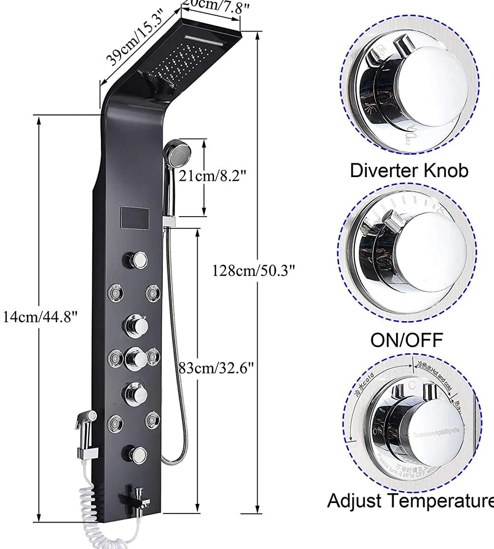 Pannello Doccia LED con Miscelatore a 6 funzioni, Display della Temperatura, Cascata, Massaggio del Corpo e beccuccio per Vasca da Bagno