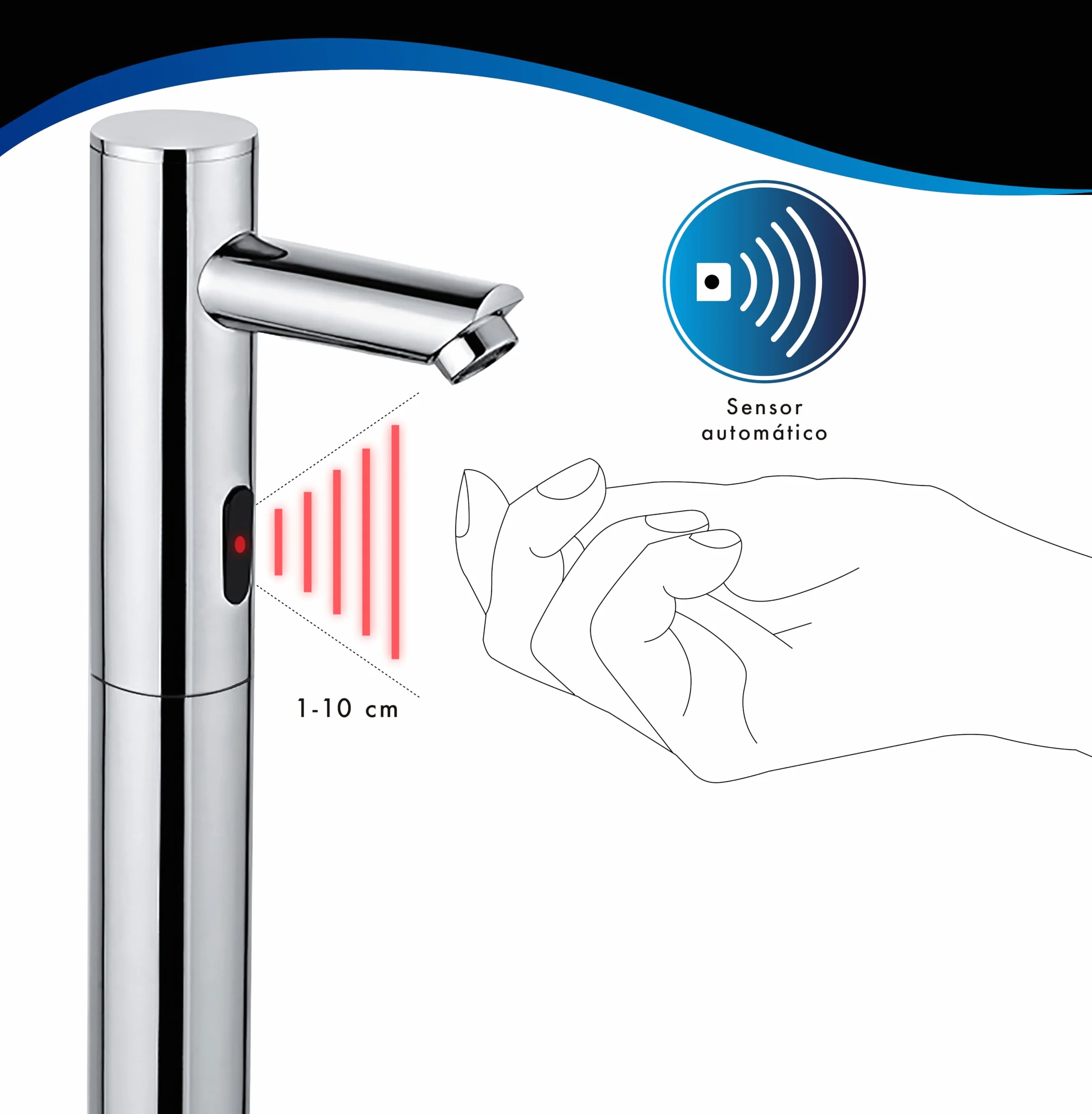 Rubinetto elettronico con sensore a infrarossi, alto senza contatto, 2 acque premiscelatore regolabile calda/fredda, ottone cromato