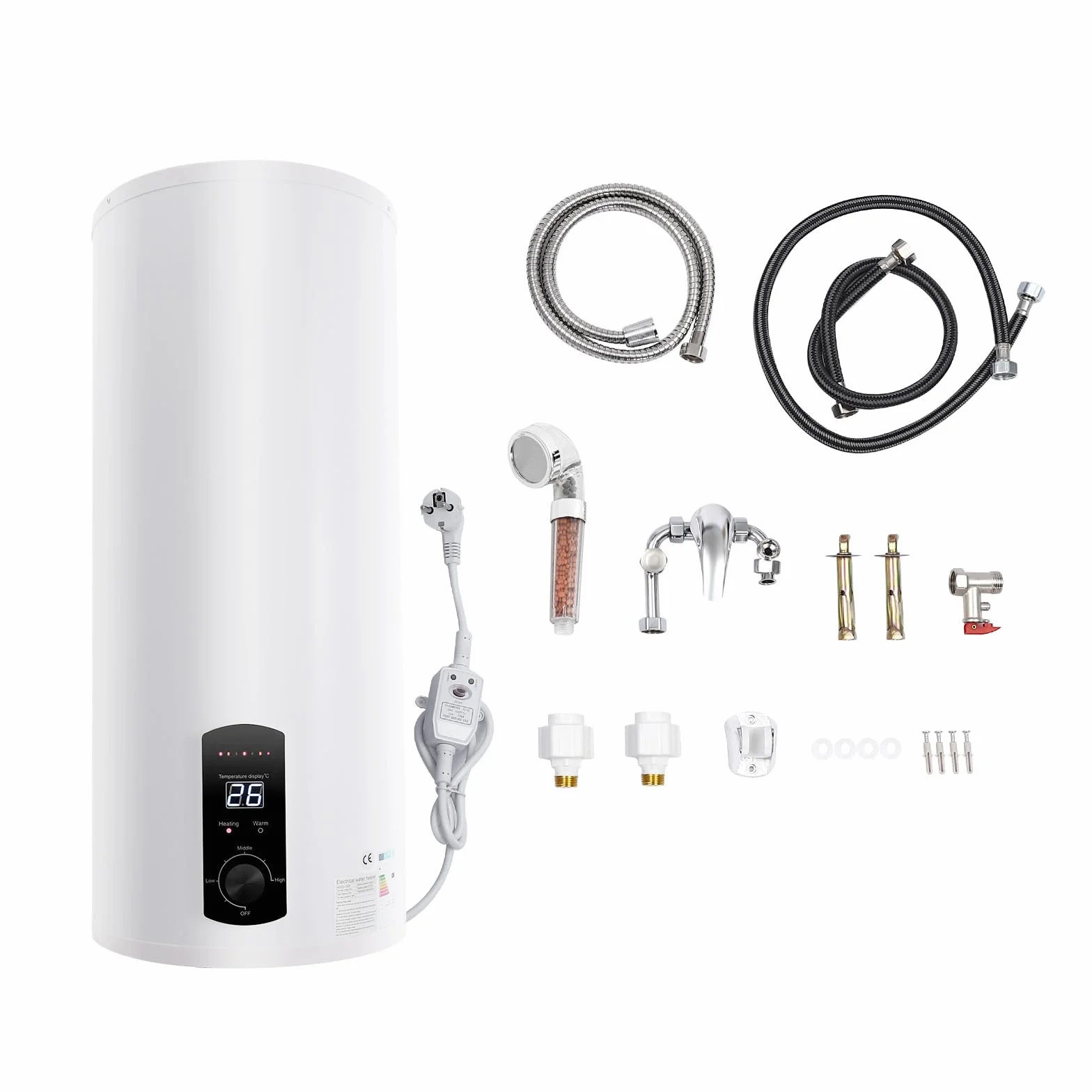 Set di scaldacqua elettrico da 60 l, 220 V, serbatoio elettrico, scaldabagno elettrico con doccetta e tubo, scaldabagno elettrico, 25 – 75 °C, IPX4 (60 L)