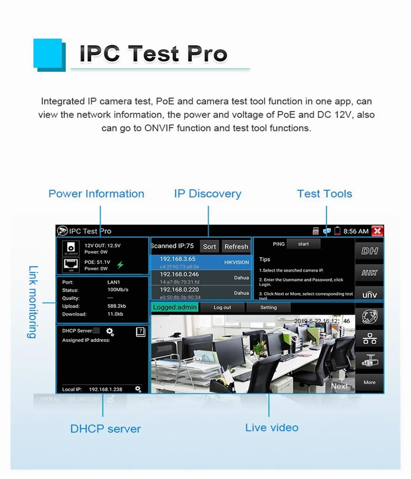 Tester For Telecamere IP CCTV AHD + TVI + CVI + For Analogiche Monitor VGA PoE For Cavi RJ45 TDR In Uscita Di Potenza Prova di rete(IPC-5200 Plus)