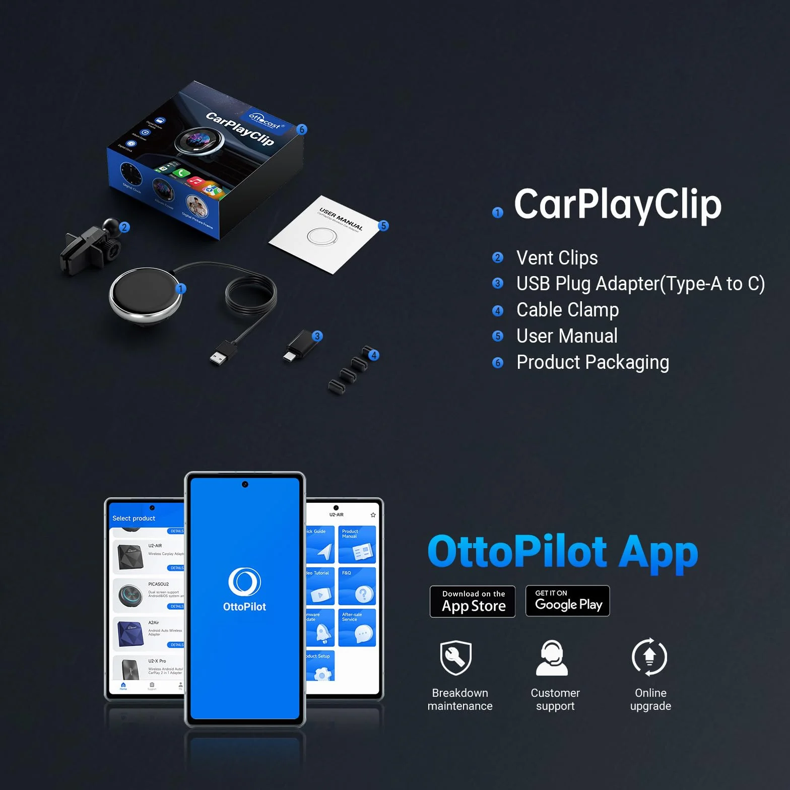 OTTOCAST Adattatore Carplay Wireless Clip, Dongle Wireless CarPlay Plug & Play con Display Elettronico può Mostrare Orologio Immagini Copertina di Album Musicali Compatibile con Auto con Wired CarPlay