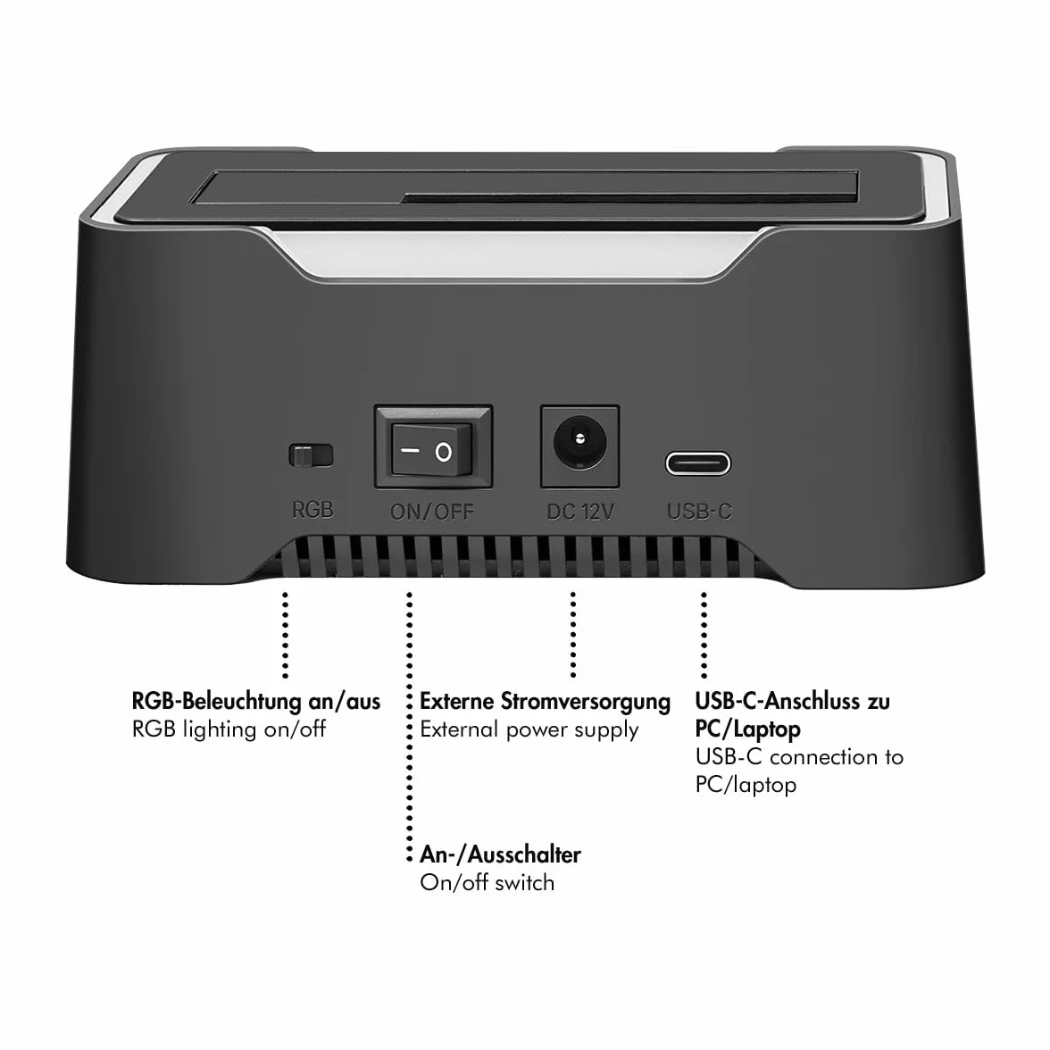 LogiLink Docking Station USB-C (3.2 Gen1) per HDD/SSD SATA da 2.5" e 3.5", con luce RGB, compatibile con Thunderbolt, Windows, Mac OS, Linux