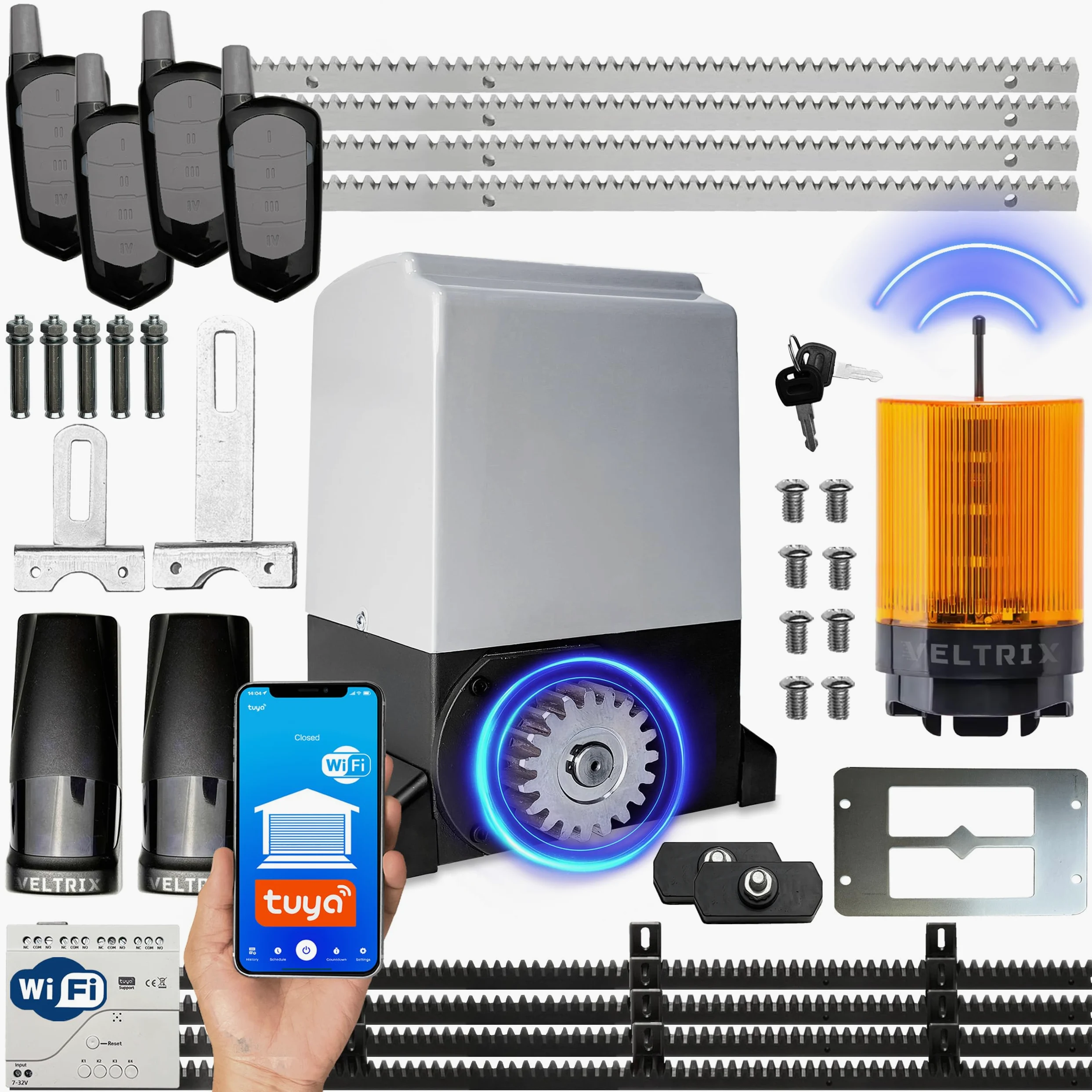 TECHGLOBE - Set di attuatori scorrevoli, 2000 kg, azionamento elettrico per cancelli scorrevoli, WIFI + lampada LED + 4 telecomandi, per cancello scorrevole
