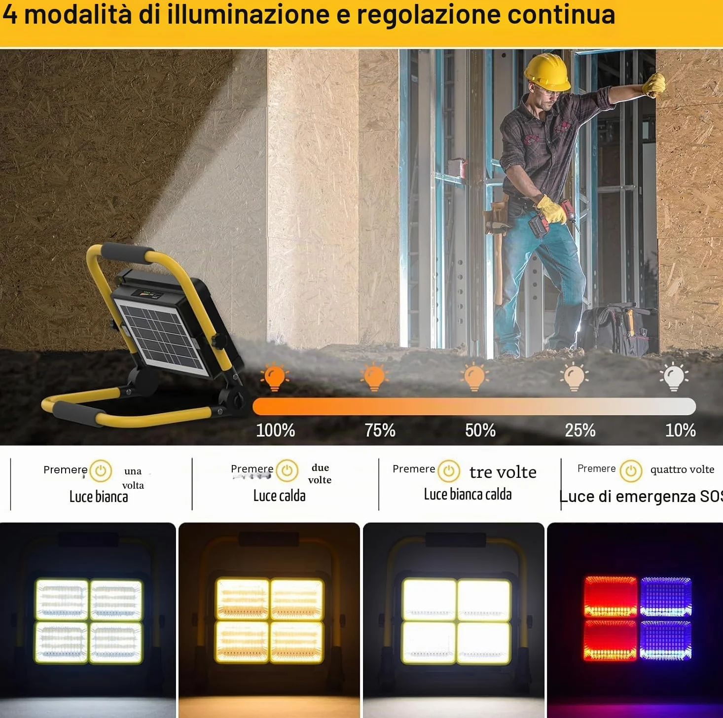 MASMEJOR Faro LED Ricaricabile Solar, Supporto Metallico, 10000LM, 12000mAh | 100W, 336 LEDs, 4 Modalità Luce, Base Magnetica, Uscita USB, Portatile per Campeggio, Garage, Pesca, Emergenze