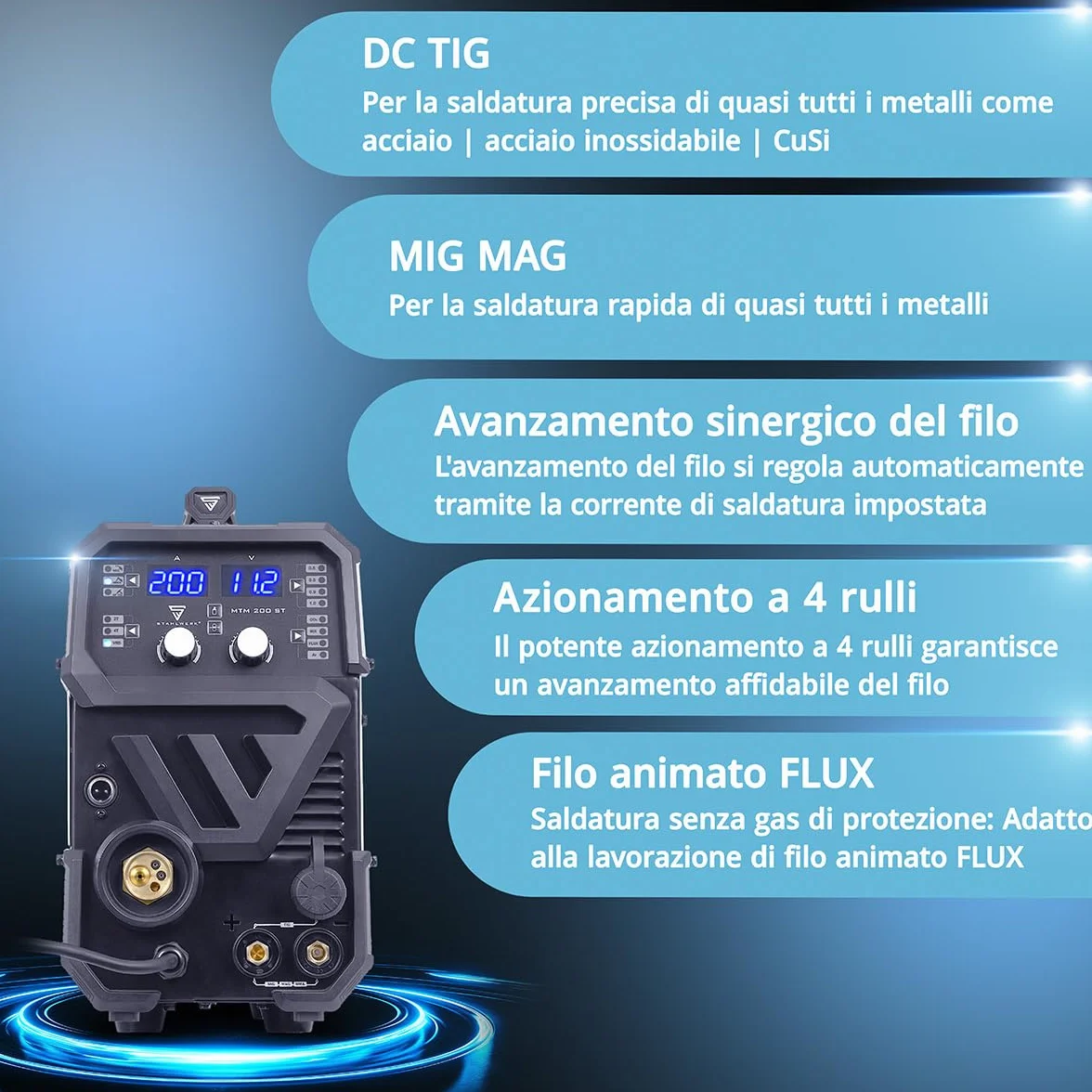 STAHLWERK Saldatrice combinata 3-in-1 MTM-200 ST Inverter TIG MIG/MAG MMA 200 A avanzamento sinergico 4 rulli