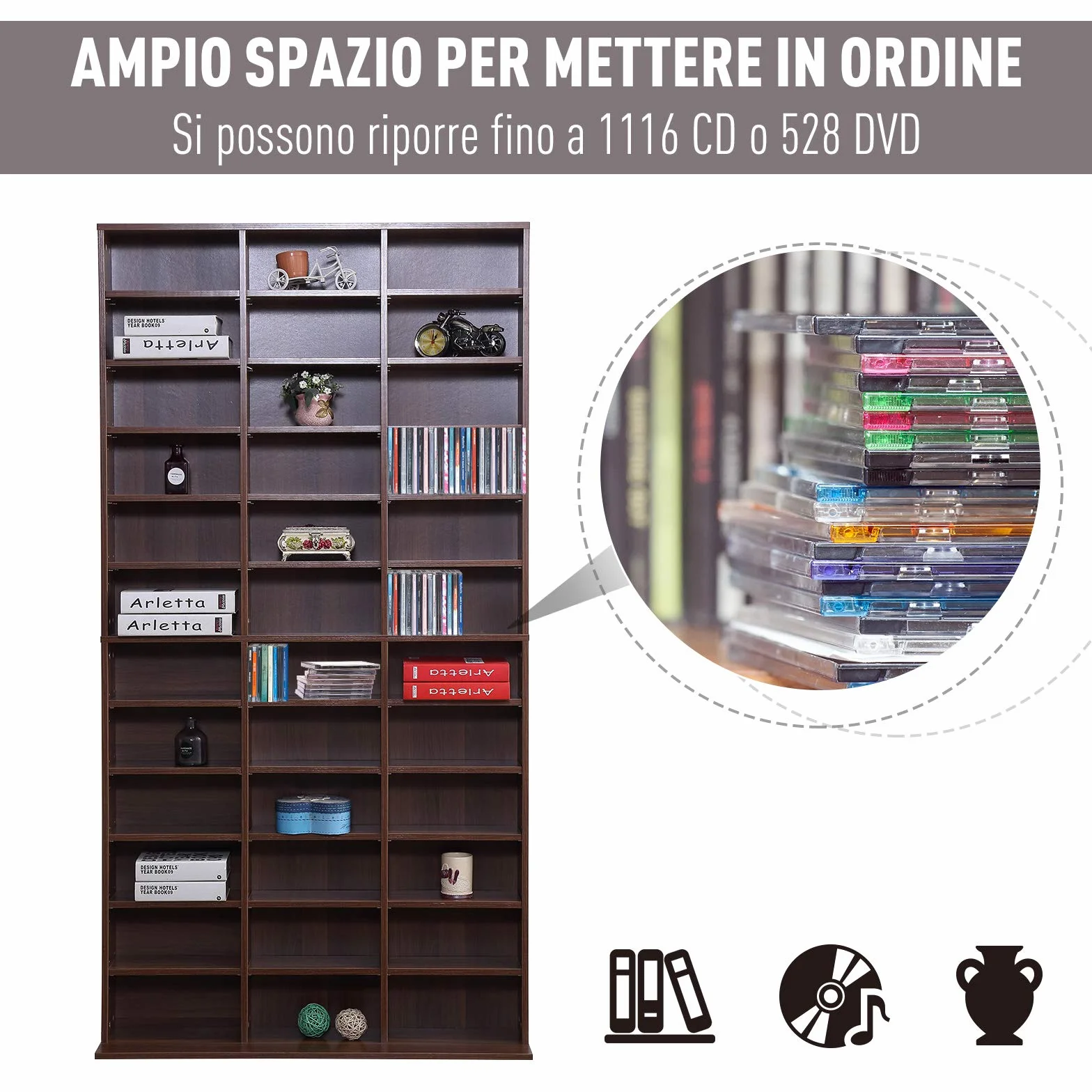 HOMCOM Mobile Porta CD con Ripiani Regolabili, Scaffale Porta 1116CD/528DVD Salvaspazio in Legno, Mobile Portacd con 36 Scomparti, per Soggiorno, Camera da Letto, Ufficio, 102x23.5x195 cm, Marrone