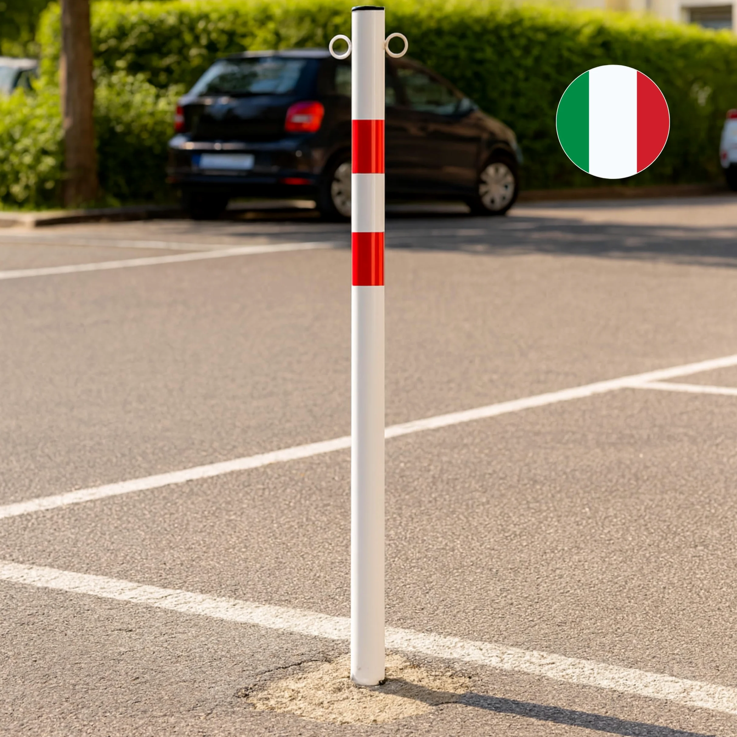 ANDRYS Paletto di Delimitazione Bianco e Rosso con Anelli 4,8x4,8x120cm | Paletto Segnaletico Pedonale in Ferro da Cementare, Dissuasore Parcheggio, Barriera Resistente, Adesivi Rossi Catarifrangenti